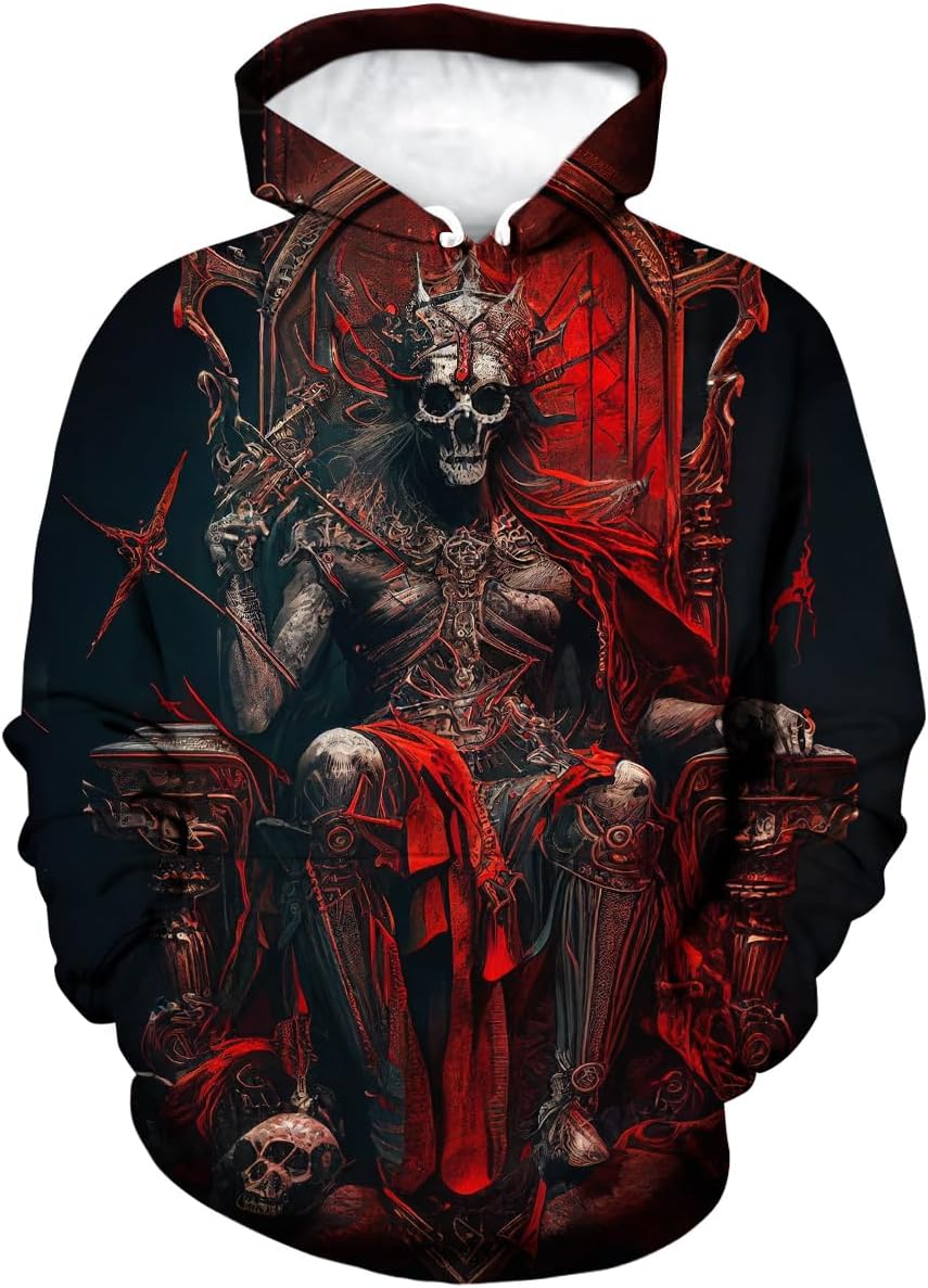 Men's Novelty Skull Print Hoodie Sweatshirt Pullover with Pocket,Red,L
