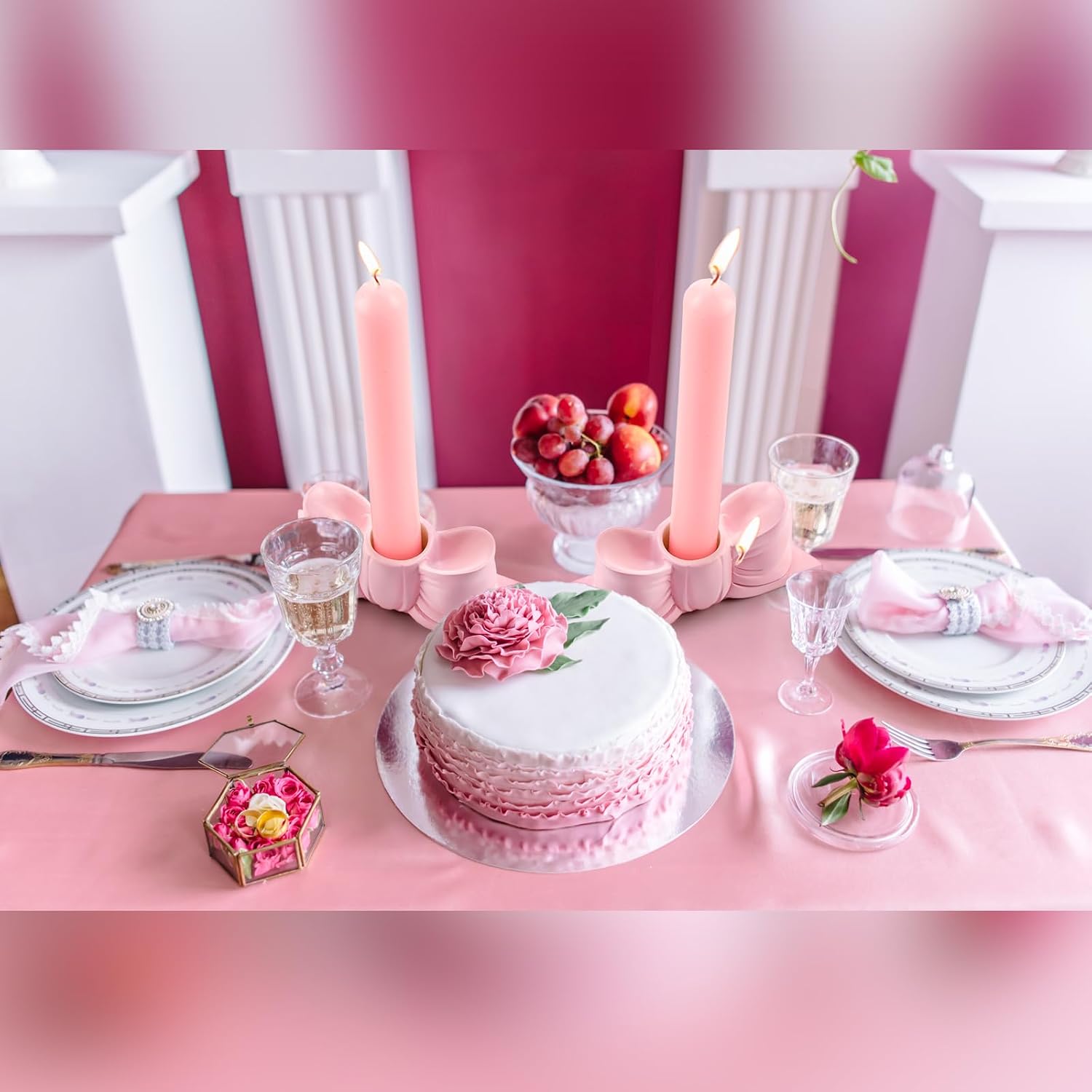 Mumufy 4 Pcs Pink Bow Candle Holder Bow Candlestick Holder Decorative Candle Stand Centerpiece for Wedding, Dinning and Party Home Table Decoration Photo Props