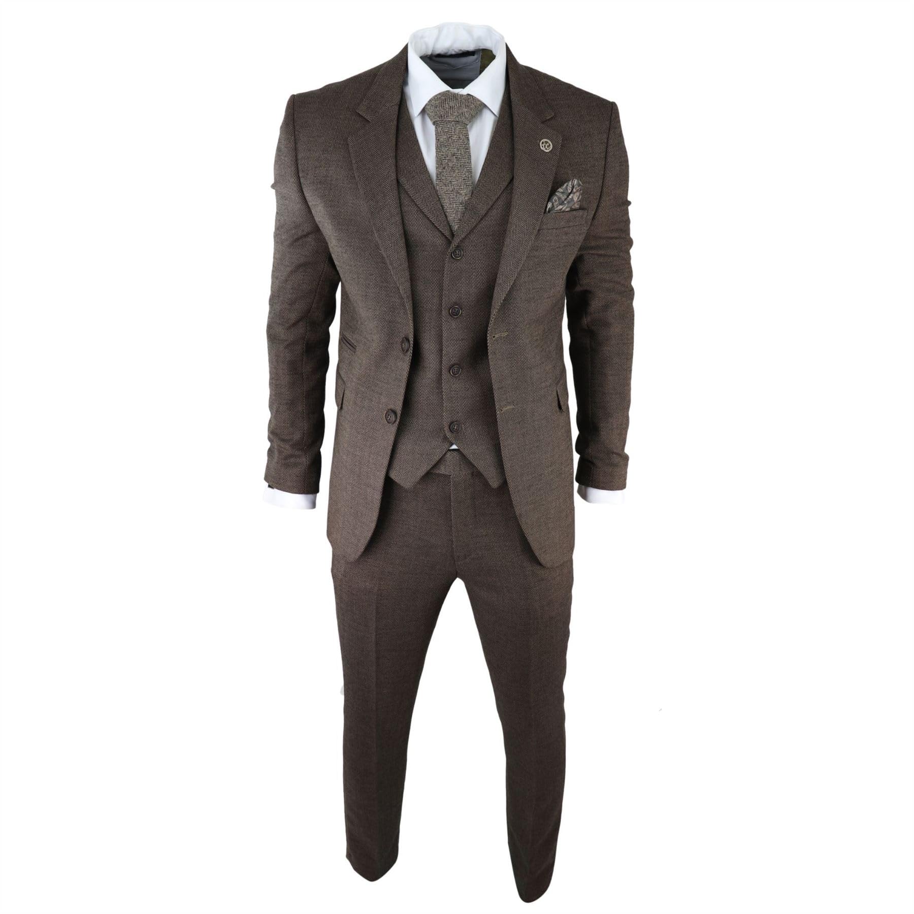 TruClothing Men's Herringbone Tweed 3 Piece Suit - Brown - 36R
