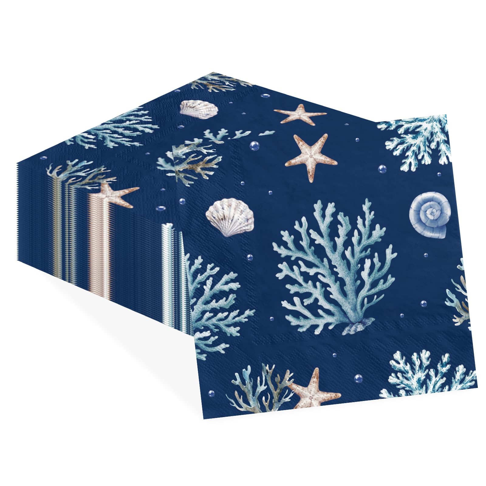 50Pcs Blue Sea Ocean Seashell Cocktail Napkins 5 x 5 inch 3 Ply