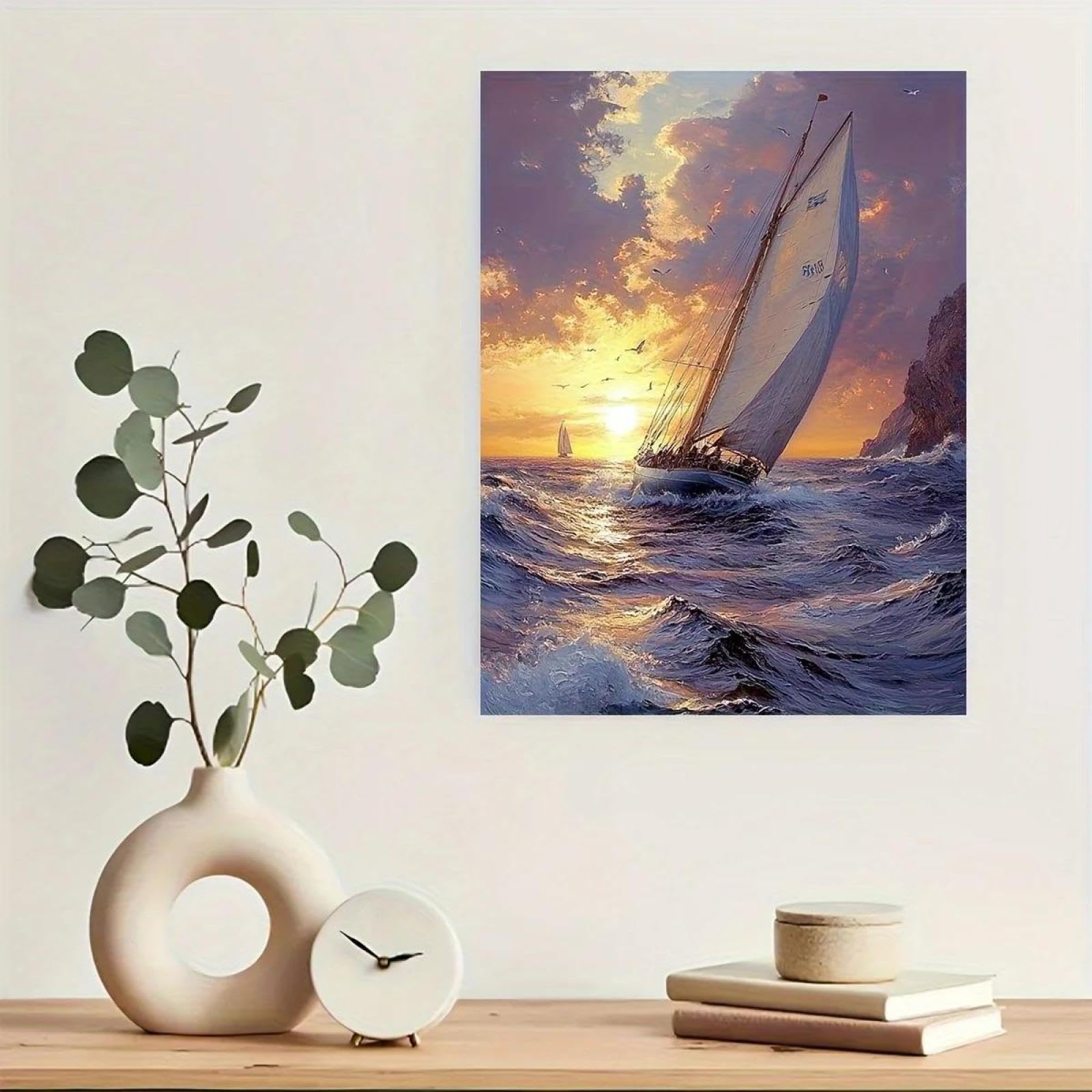 Yocheng Sunset Voyage Sailing Ship Canvas Painting Art 21x30cm No Frame