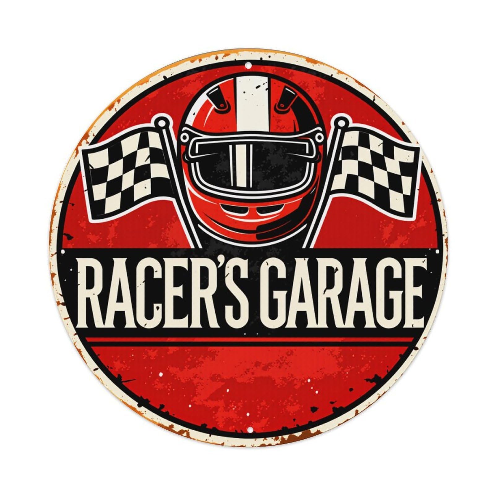 Racer's Garage Helmet Checkered Flags Red Background Round Vintage Tin Sign,Retro Wall Art,Metal Poster for Home, Bar, Garage, Cafe, Rustic Indoor & Outdoor Decor, 8x8 Inches