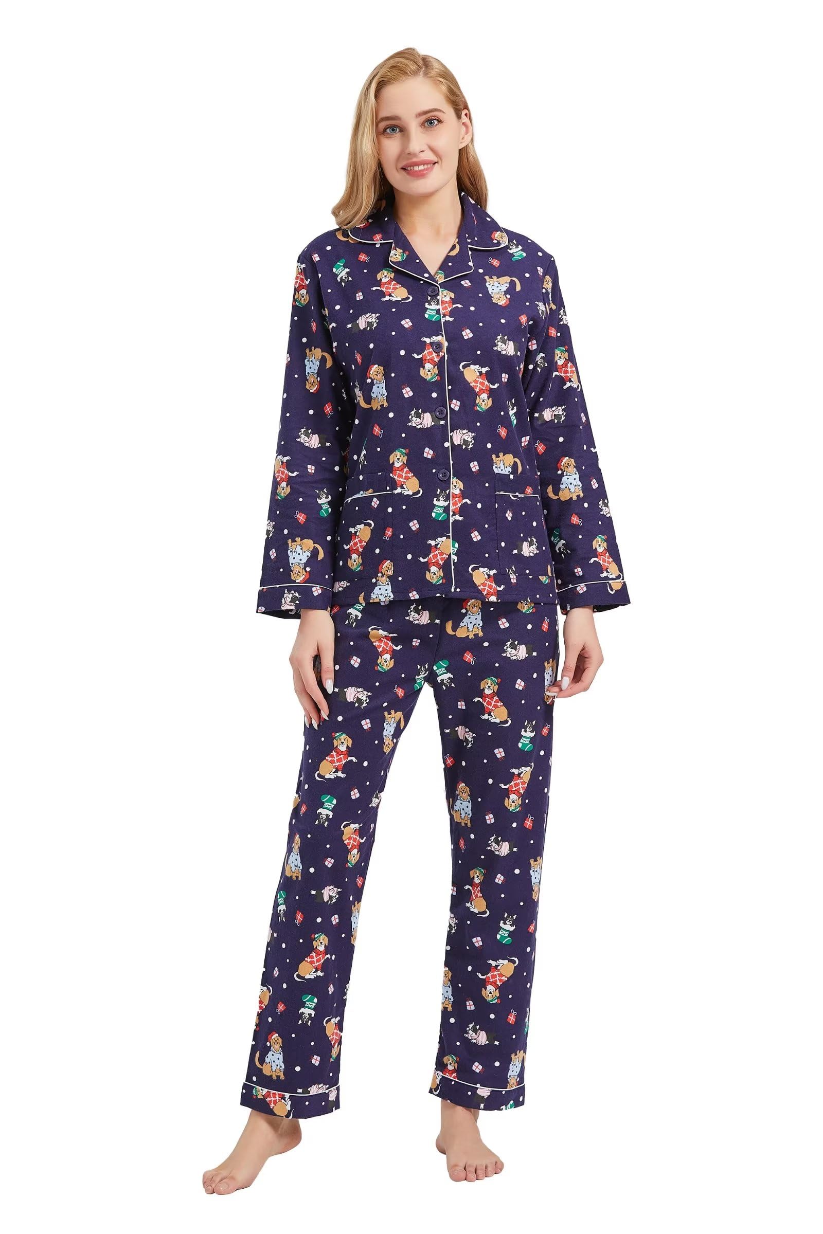 GLOBAL Women's Flannel Pajamas Set 100% Cotton PJs for Women Long Sleeve Button Drawstring Waist Warm Loungewear Sleepwear