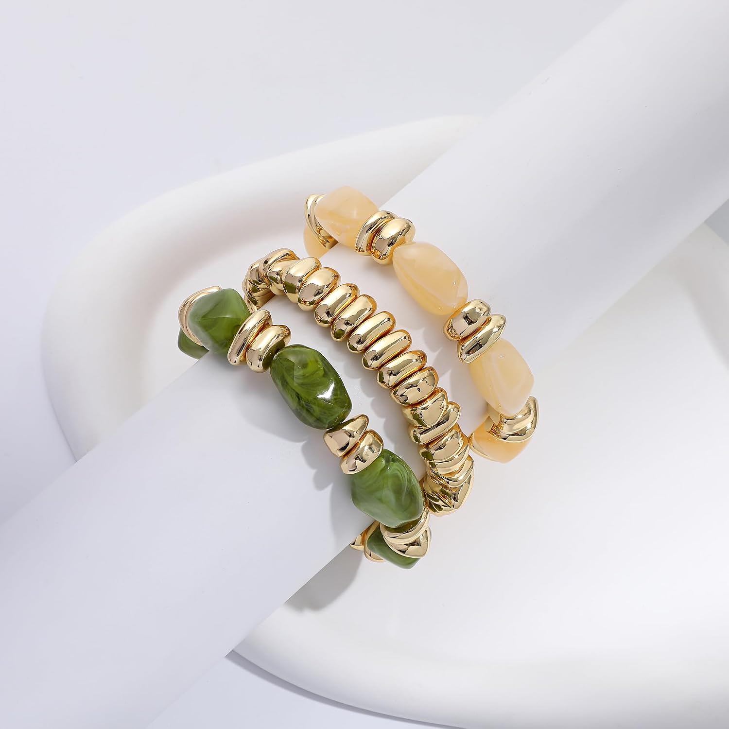 Gold Plated Beaded Bracelets for Women Trendy, 14K Gold Plated Stack Cross Pearl Gold Plated Bead Stretch Bracelets Set Elastic Hypoallergenic Bracelets Jewelry Gifts