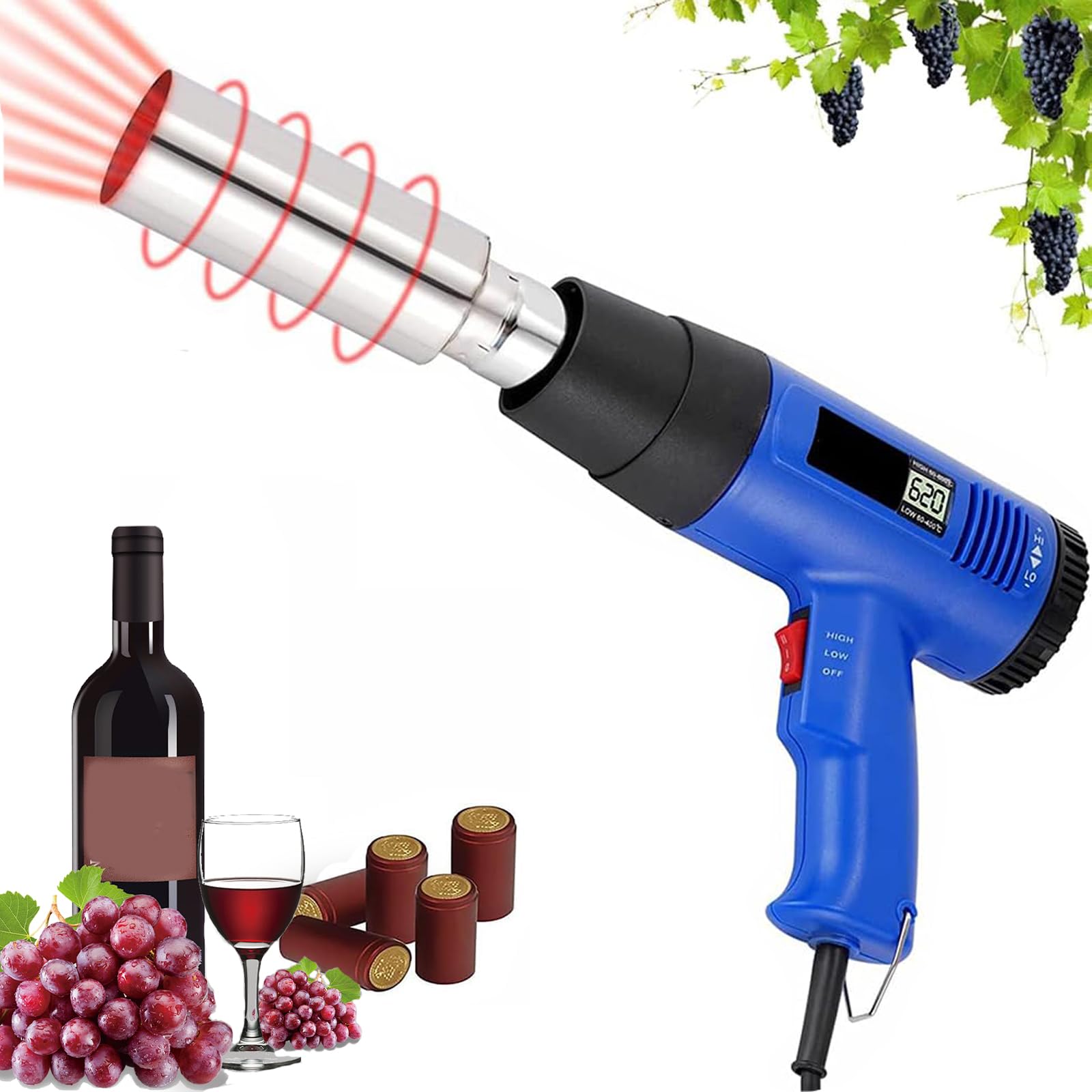 Urządzenie Do Obkurczania Kapsli Pvc, Zgrzewarka Do Butelek Wina 5 Cm Z Wyświetlaczem Lcd Temperatury I Regulacją W Zakresie 60–600 ℃, Ręczna Opalarka Do Kapsli Na Butelki Wina Do Folii Pvc, Pp I Pof