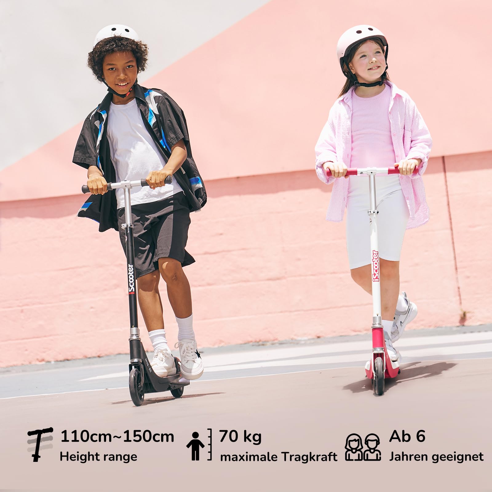 iScooter Monopattino elettrico per bambini dai 6 ai 10 anni, 2 modalità di velocità (10/15 km/h), monopattino per bambini con 3 luci regolabili alte e colorate di 7 colori, 40 minuti di guida fino a