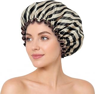 Striped Satin-Lined Shower Cap for Women Double Waterproof Reusable | Washable Hair Cap,Large Size with Ruffle Edge Soft Elastic Band,Double-Layers Shower Caps for Bath,Spa-Striped Black Brown