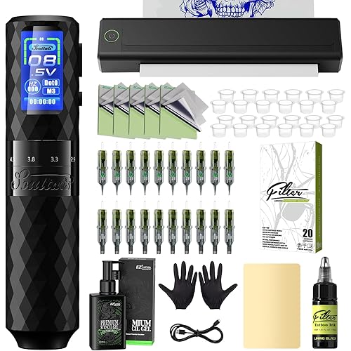 Tattoo Printer Kit - Tattoo Stencil Printer Machine with 6 Strokes 2.5-4.8mm Tattoo Gun, 1600mAh Power Supply, 20Pcs Tattoo Cartridge Needles for Beginners and Artists