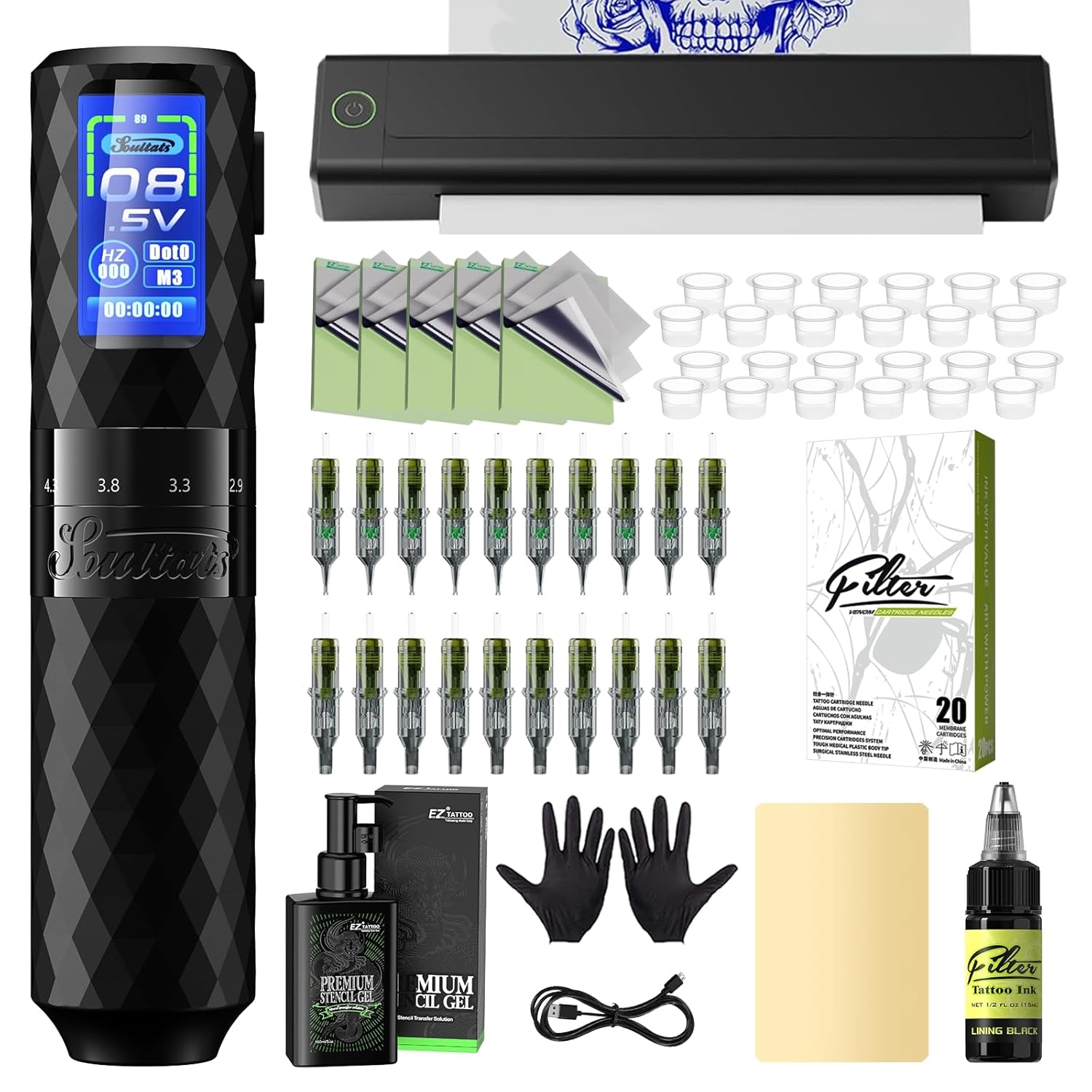 Tattoo Printer Kit - Tattoo Stencil Printer Machine with 6 Strokes 2.5-4.8mm Tattoo Gun, 1600mAh Power Supply, 20Pcs Tattoo Cartridge Needles for Beginners and Artists