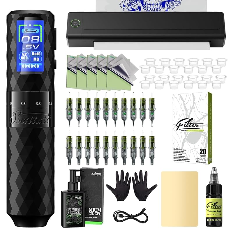 Kit para tatuagem com impressora de estêncil Bluetooth, máquina com 6 cursos, fonte de 1600 mAh e 20 agulhas cartucho