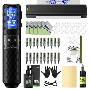 Tattoo Printer Kit - Tattoo Stencil Printer Machine with 6 Strokes 2.5-4.8mm Tattoo Gun, 1600mAh Power Supply, 20Pcs Tattoo Cartridge Needles for Beginners and Artists