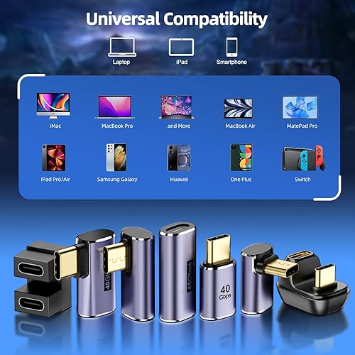 Miniatura 7 de Adaptador USB C (paquete de 7) con 100W 40 Gbps 8K 60Hz, ángulo recto de 90 grados, recto, hembra a macho, extensor USB C para TB34, MacBook ProAir,