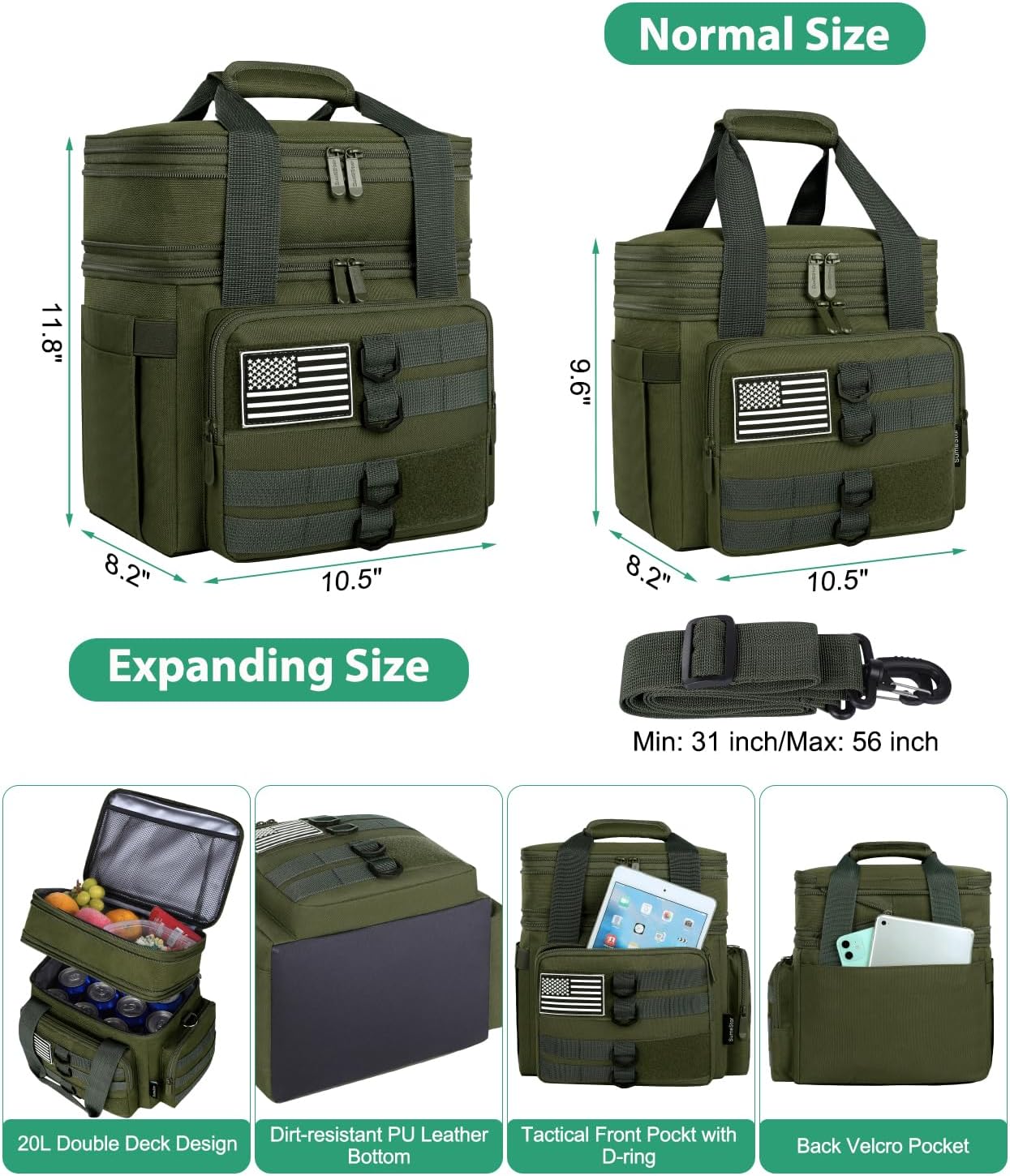 Tactical Lunch Box for Men, Large Insulated Lunch Bag for Adult, Heavy Duty Double Deck Expandable Lunch Cooler Bag with American Flag, Leakproof Soft Lunch Pail for Work Office Camping - Green - Image 2