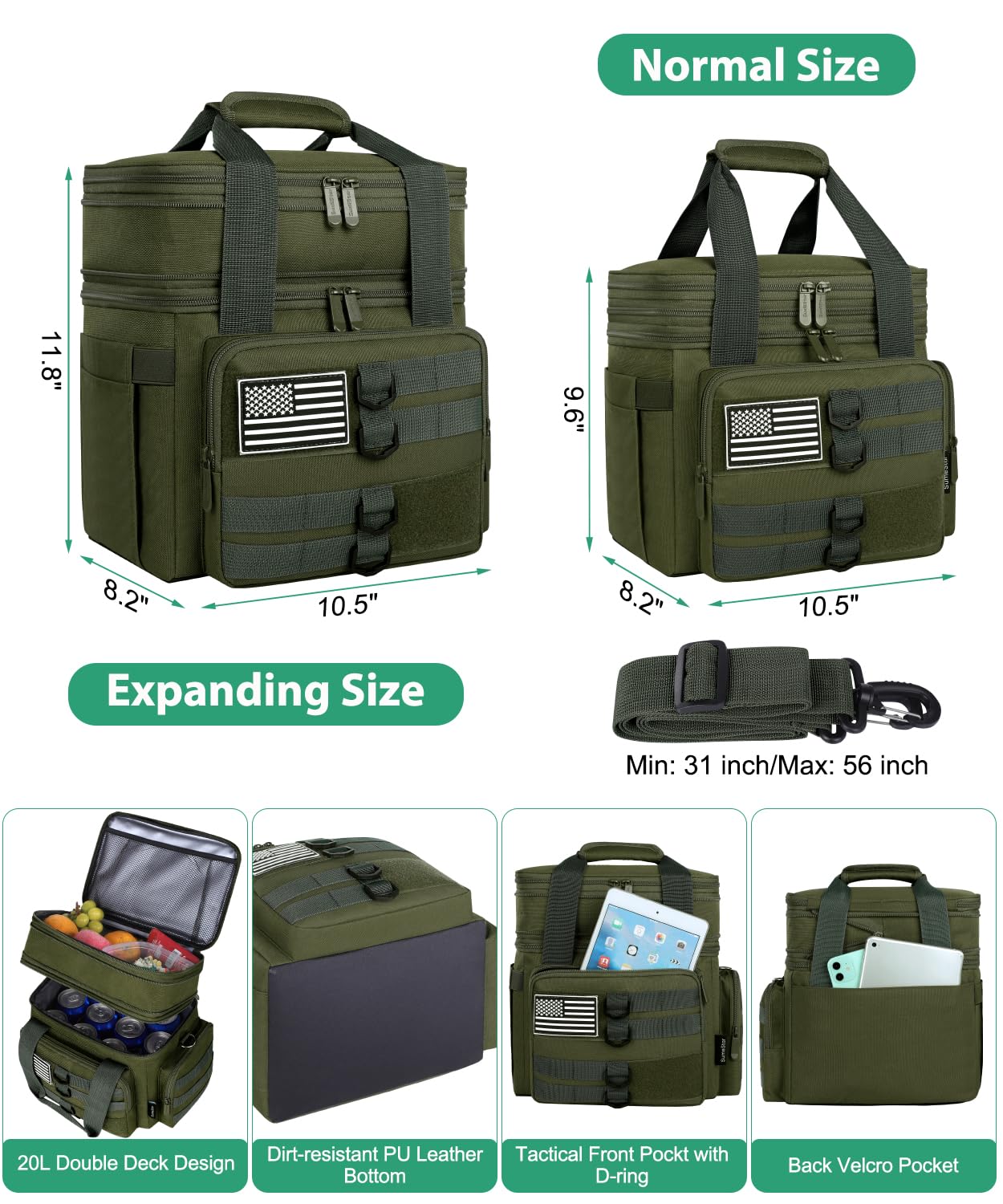 Borsa termica per il pranzo tattica da uomo, grande borsa termica per adulti, resistente, a doppia piattaforma, espandibile, con bandiera americana, a prova di perdite, morbido, per lavoro, ufficio
