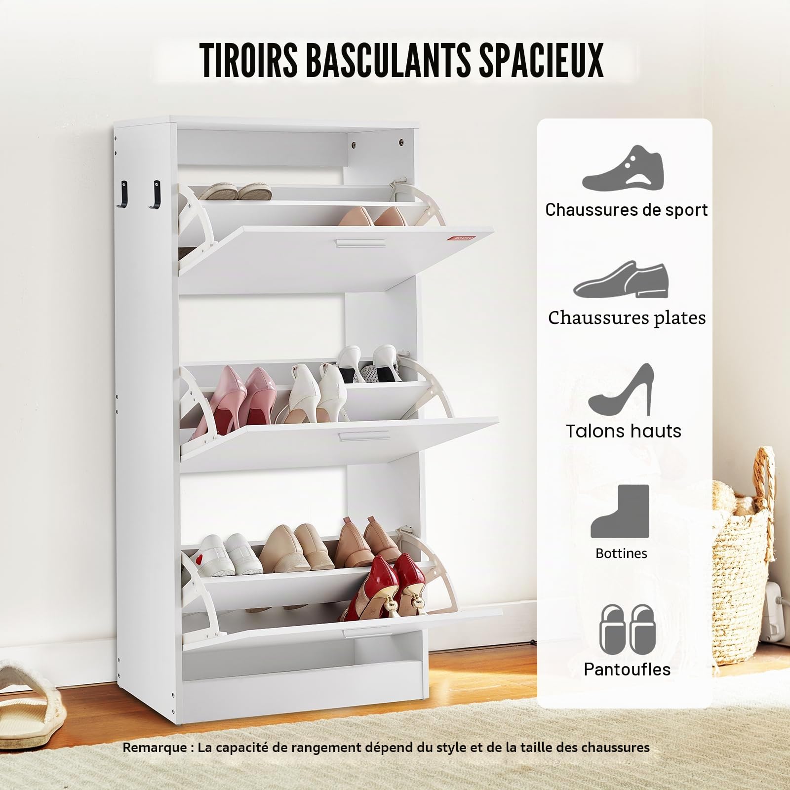 VEVOR Armoire à Chaussures étroite - Blanc - 600 x 237 x 1200 mm - avec 3 Rabats + Compartiment de Rangement supérieur - Capacité de Charge de 45,35 kg - en Bois Massif - pour Couloir