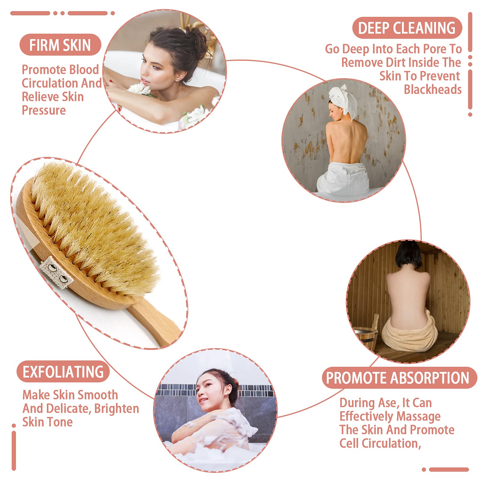 Spazzola Schiena Doccia Manico Lungo, Spazzola Bagno Schiena, Spazzola per il Corpo, con 2 Spazzola Bagno Testa, Staccabile Setole Naturali, Esfoliazione Delicata 46CM