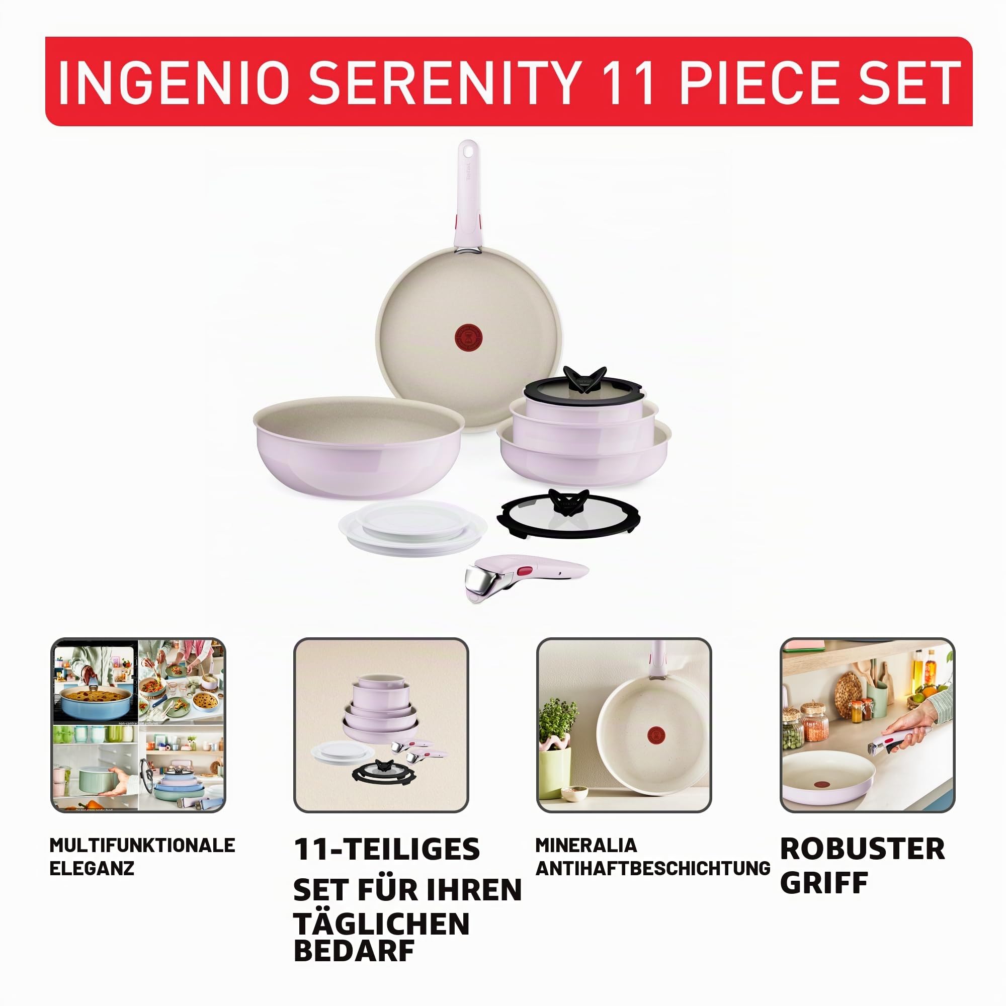 Tefal Ingenio Serenity Kochgeschirr, 11-teilig, Komplett-Edition, Antihaftbeschichtung, Induktion, stapelbar, Pink Clay, L830SB04