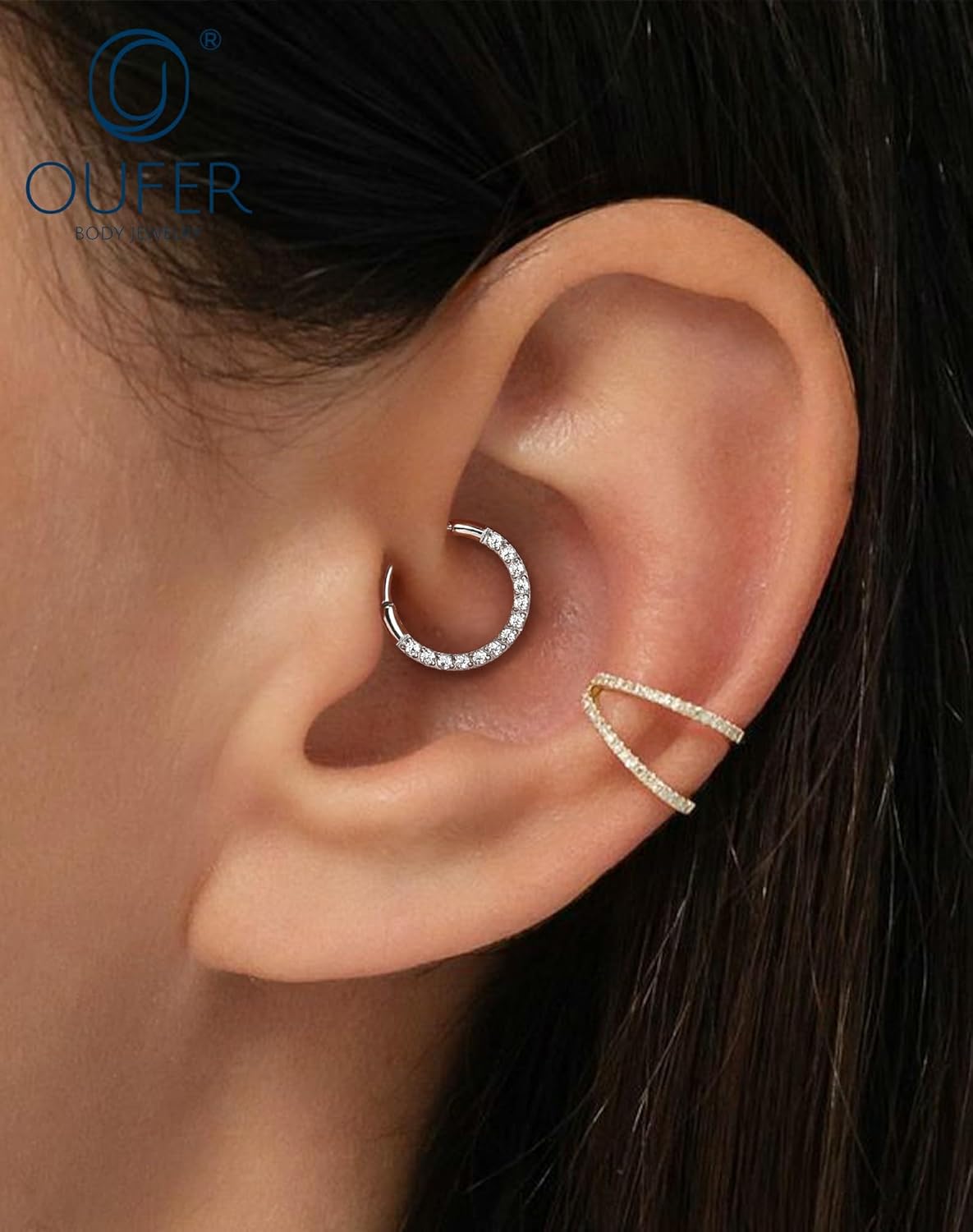 OUFER 20G Nose Rings Hoops, Shiny Clear CZ Hoop Nose Ring For Women, 316L Surgical Steel Hinged Segment Daith Piercing Jewelry, Inner Diameter 6/7/8MM Cartilage Rook Helix Lobe Tragus Earrings - Image 2