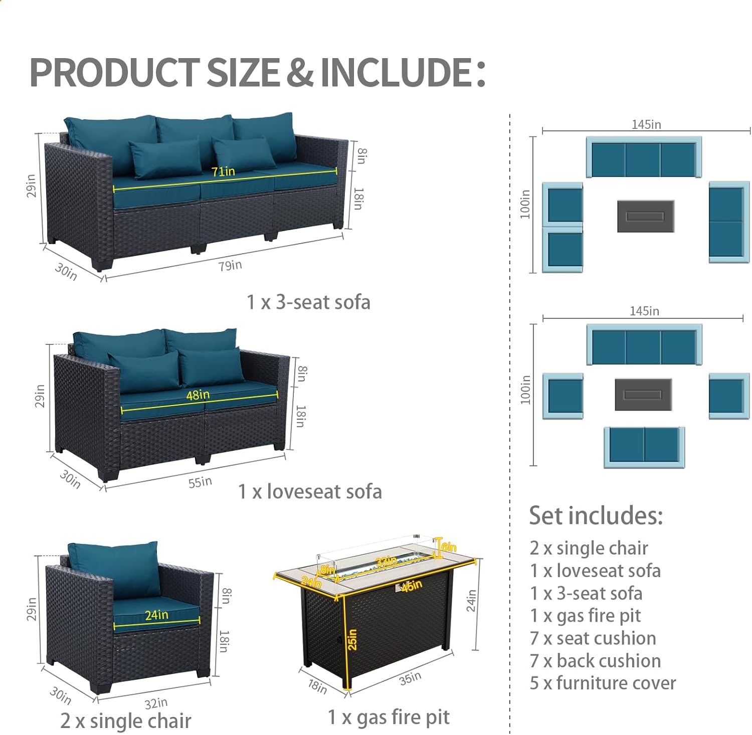 Rattaner Patio Furniture Set with 45In Fire Pit 5 Pieces Outdoor Furniture Sets Patio Couch Outdoor Chairs 60000 BTU Steel Propane Fire Pit Table No-Slip Cushions and Waterproof Covers, Peacock Blue 45 In Fire Pit Peacock Blue image 7 of 7 B0C1S55PBB