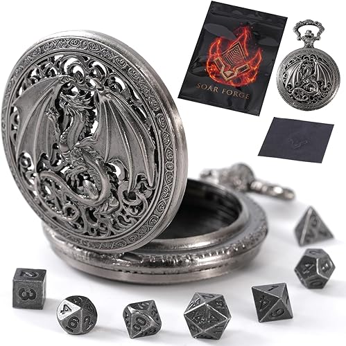 Miniatura 8 de Juego de dados DND de micrometal MiniChrono's Tiny, Mini Dice in a Dragon-Grabado Pocket Watch Case  Accesorio portátil de Calabozos y Dragones