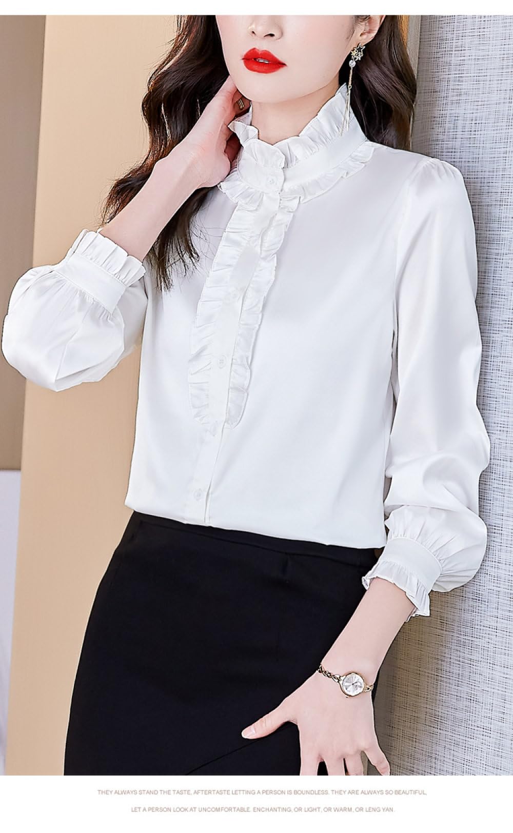 Langarm Satin Seidenhemden Für Damen,Weiße Strickjacke Mit Rüschenknöpfen,Jacke,Bluse,Oberteil,Lässig,Elegant,Schick,Arbeitsoberteile,Stilvolle Hemden