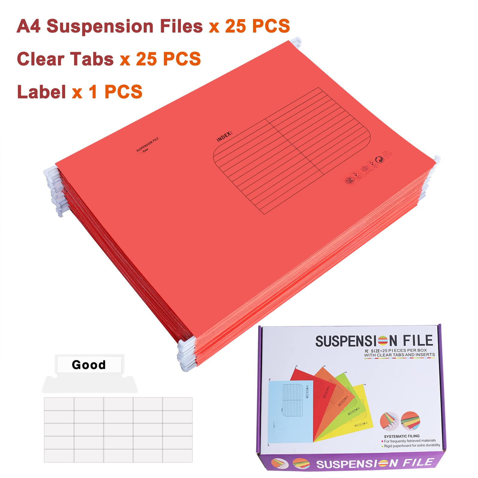 Cartella portadocumenti sospesa formato A4, cartellina sospesa, cartellina da appendere, cartellina sospesa con linguetta ed etichetta per scuola, casa, ufficio, rosso, confezione da 25