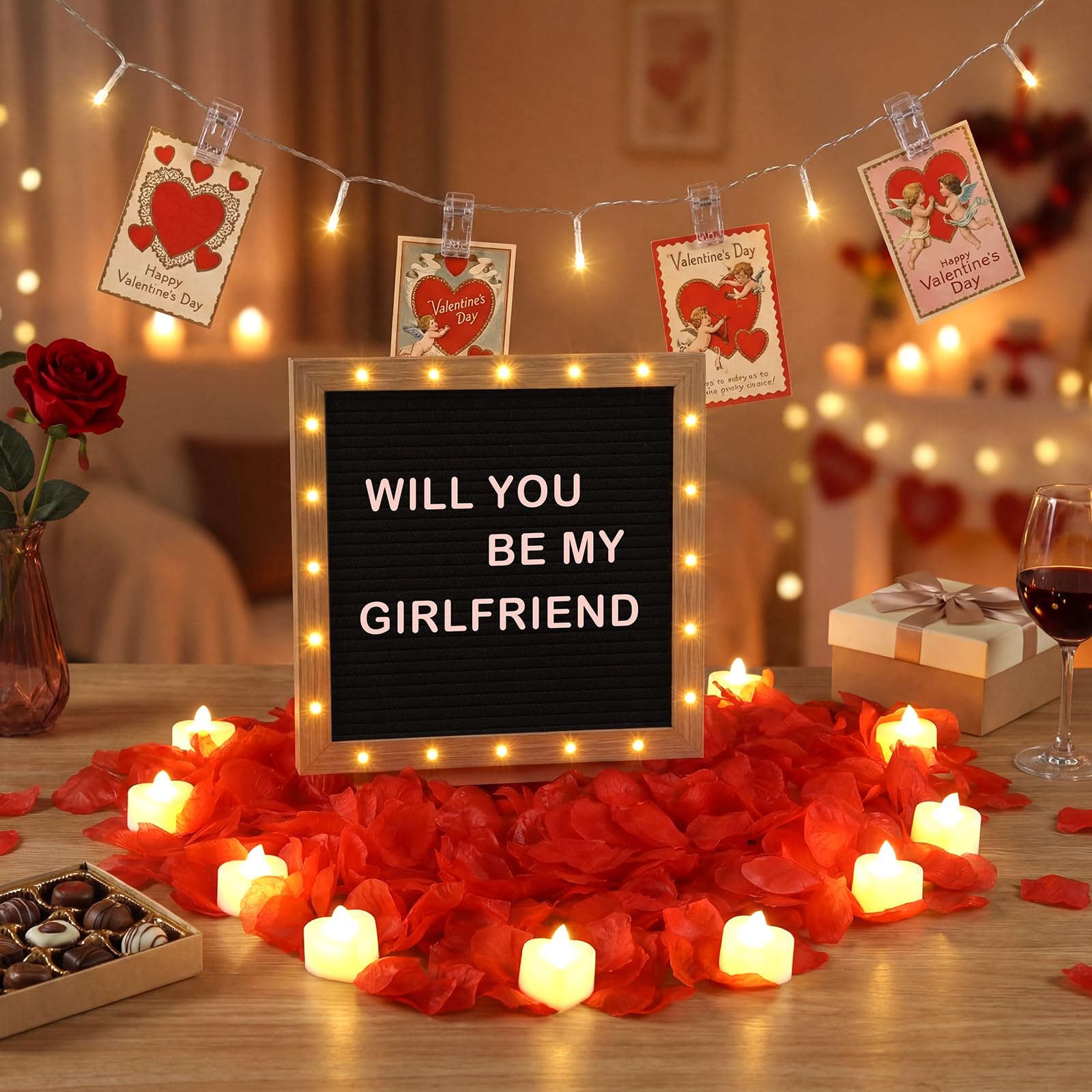 Ceenna Letrero romántico con texto en inglés "Will You Be My Girlfriend" con tablero de fieltro LED de 25,4 x 25,4 cm, letrero de madera de fieltro para fotos, cadena de luces, pétalos de rosa