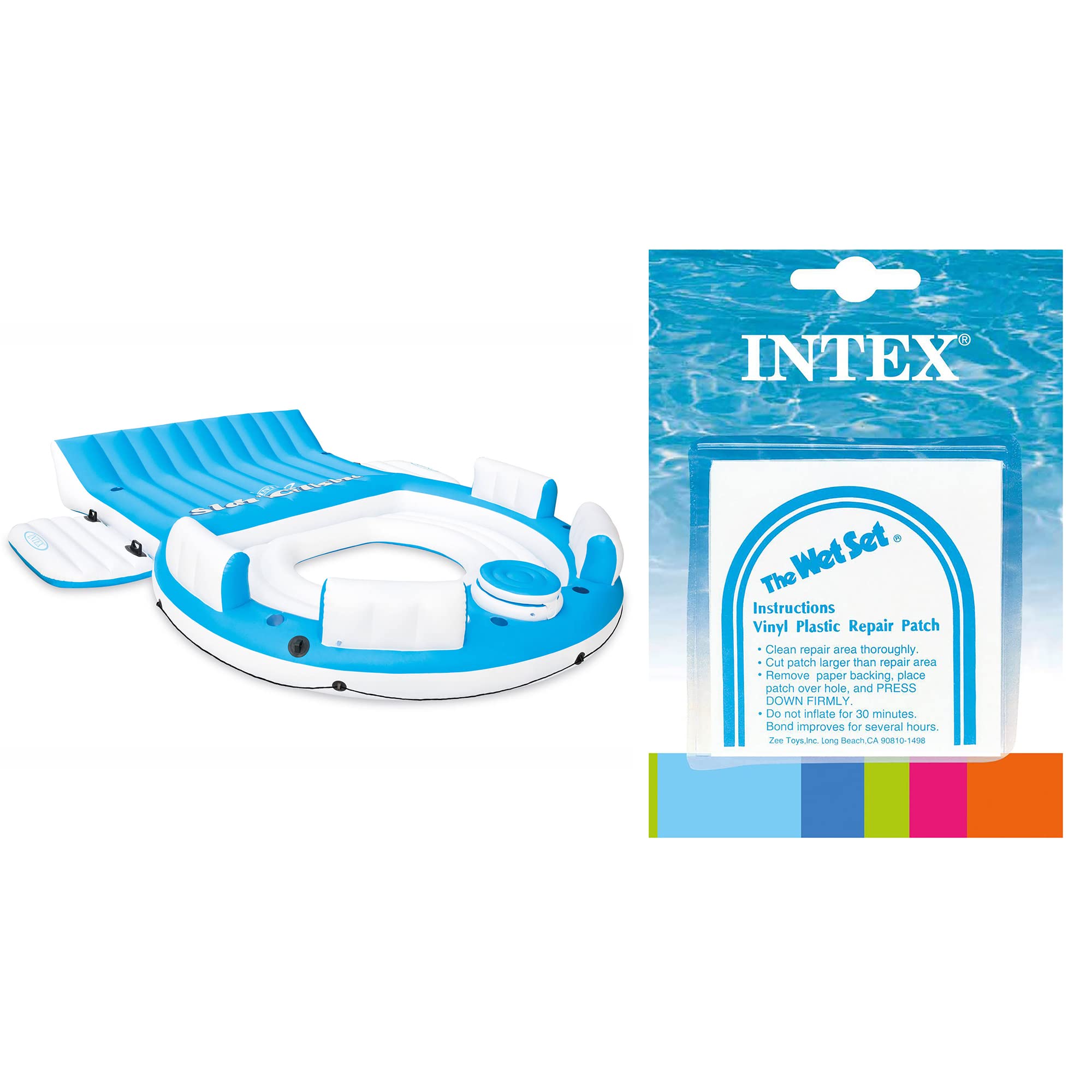 Intex Inflatable Splash N Chill Island Lake Raft Lounger for Up to 7 Adults and Wet Set Adhesive Vinyl Tube Repair Patch 6 Pack Kit
