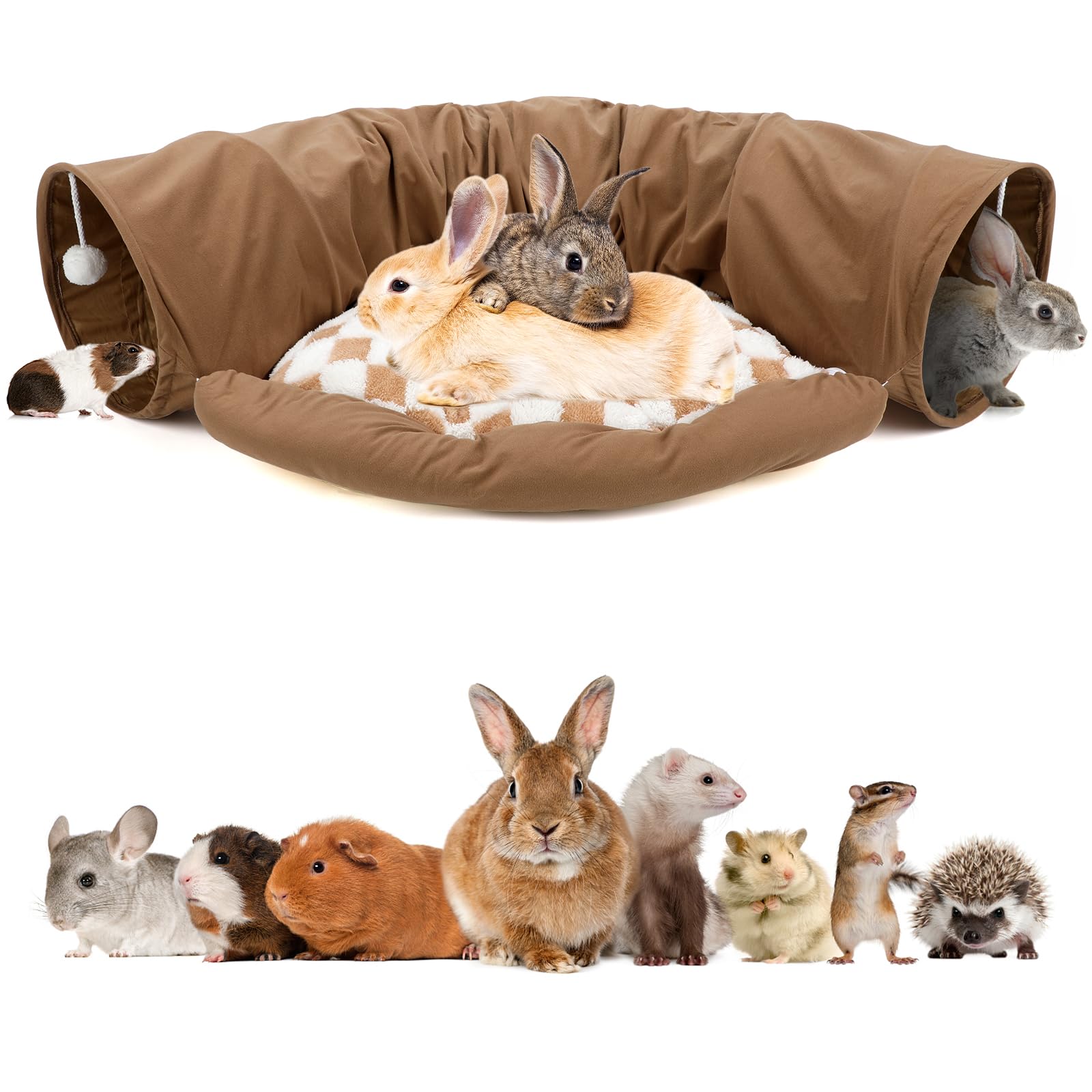 BWOGUE Bunny Tunnel Bed, 2-in-1 Collapsible Tunnel Tubes Toys with Removable Mat Hideout for Cats Kittens Rabbits Guinea Pigs Kitty (Coffee)