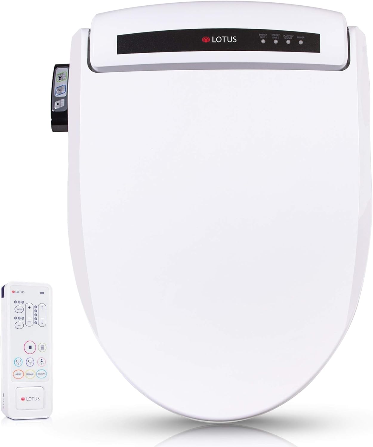 Жогорудан төмөн view of the Lotus Smart Bidet ATS-1000 with its wireless remote control.
