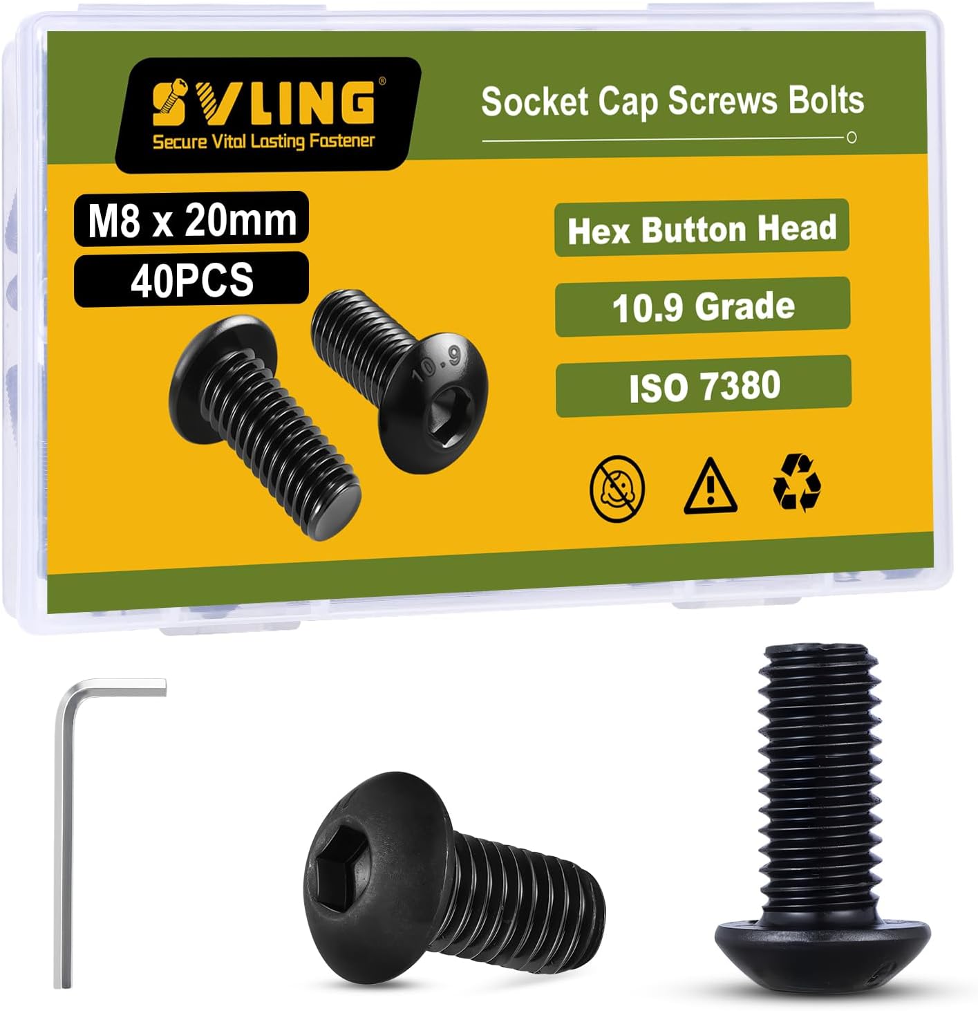 M8 x 20mm 40PCS Button Head Hex Socket Cap Screws Bolts, 10.9 Grade Alloy Steel, Allen Hex Drive, Full Thread, Black Oxide, with Hex Spanner