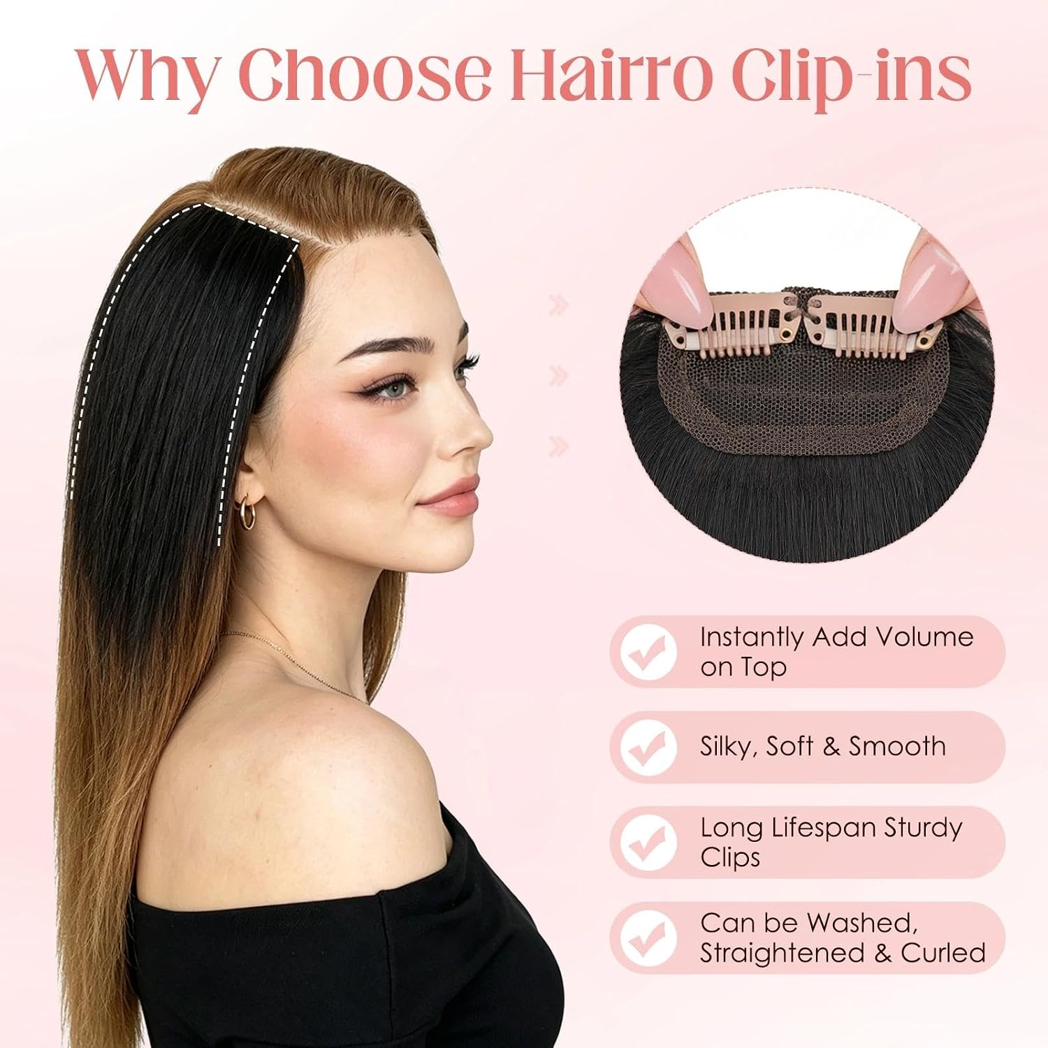 Hairro 2 Pieces Clips in Short Human Hair Extensions, Scalp Hair Fill Ins Invisible Short Straight, 100% Real Hairpieces for Women Add Volume, 6 Inch 16g #1B Natural Black