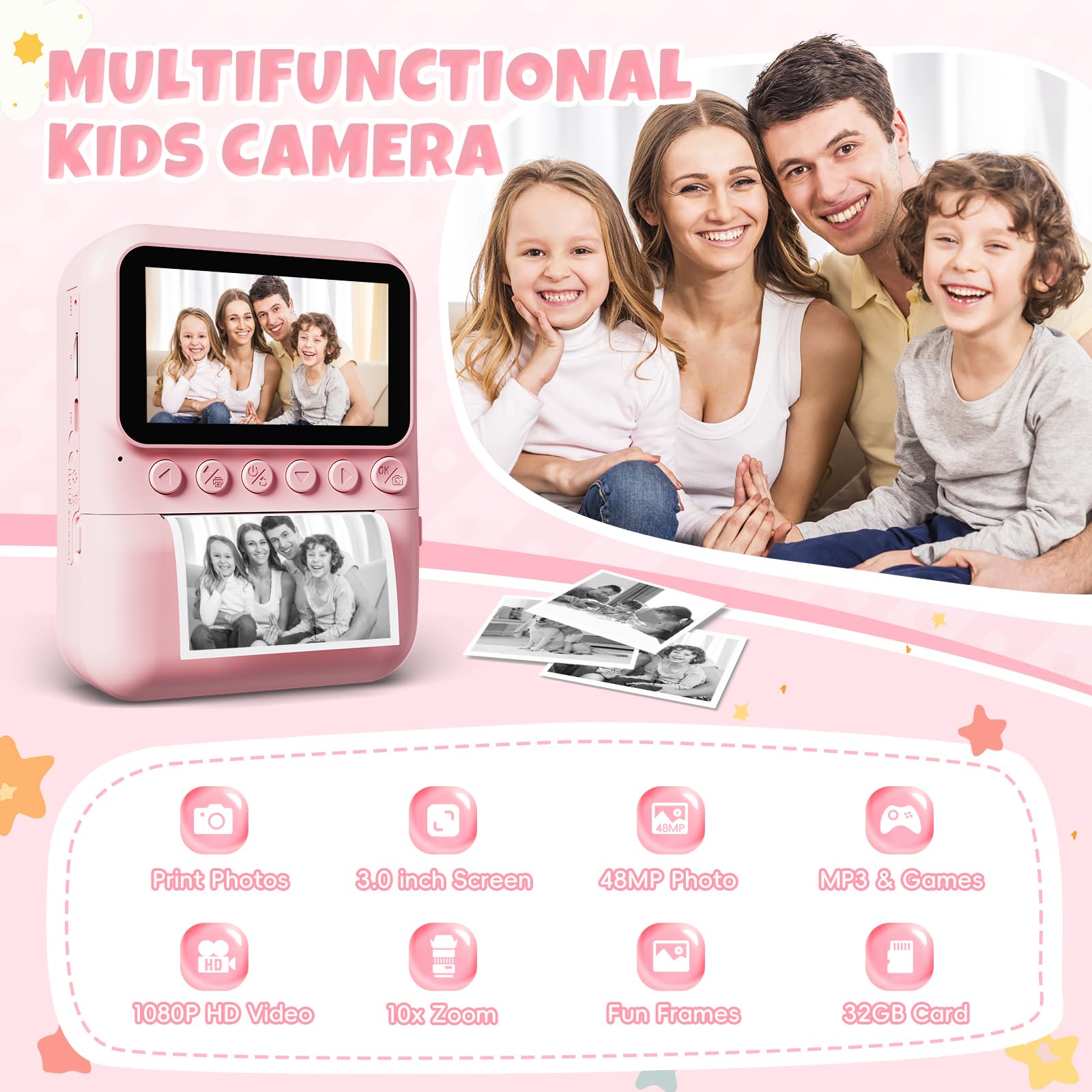 CalineGam Macchina Fotografica Bambini Istantanea, 3,0'' Schermo HD 48MP Fotocamera Digitale Bambini con Scheda da 32GB, Camera Giocattolo Regalo per Ragazzi e Ragazze dai 3 ai 12 Anni (Rosa)