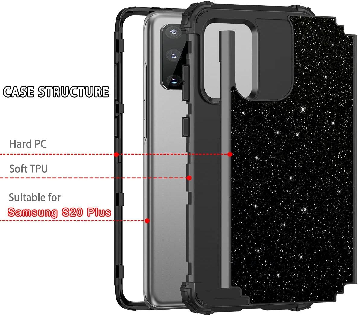 LONTECT for Galaxy S20 Plus Case Glitter Sparkle Bling 3 in 1 Heavy Duty Hybrid Sturdy High Impact Shockproof Cover Case for Samsung Galaxy S20+ Plus 5G 6.7 inch 2020, Black