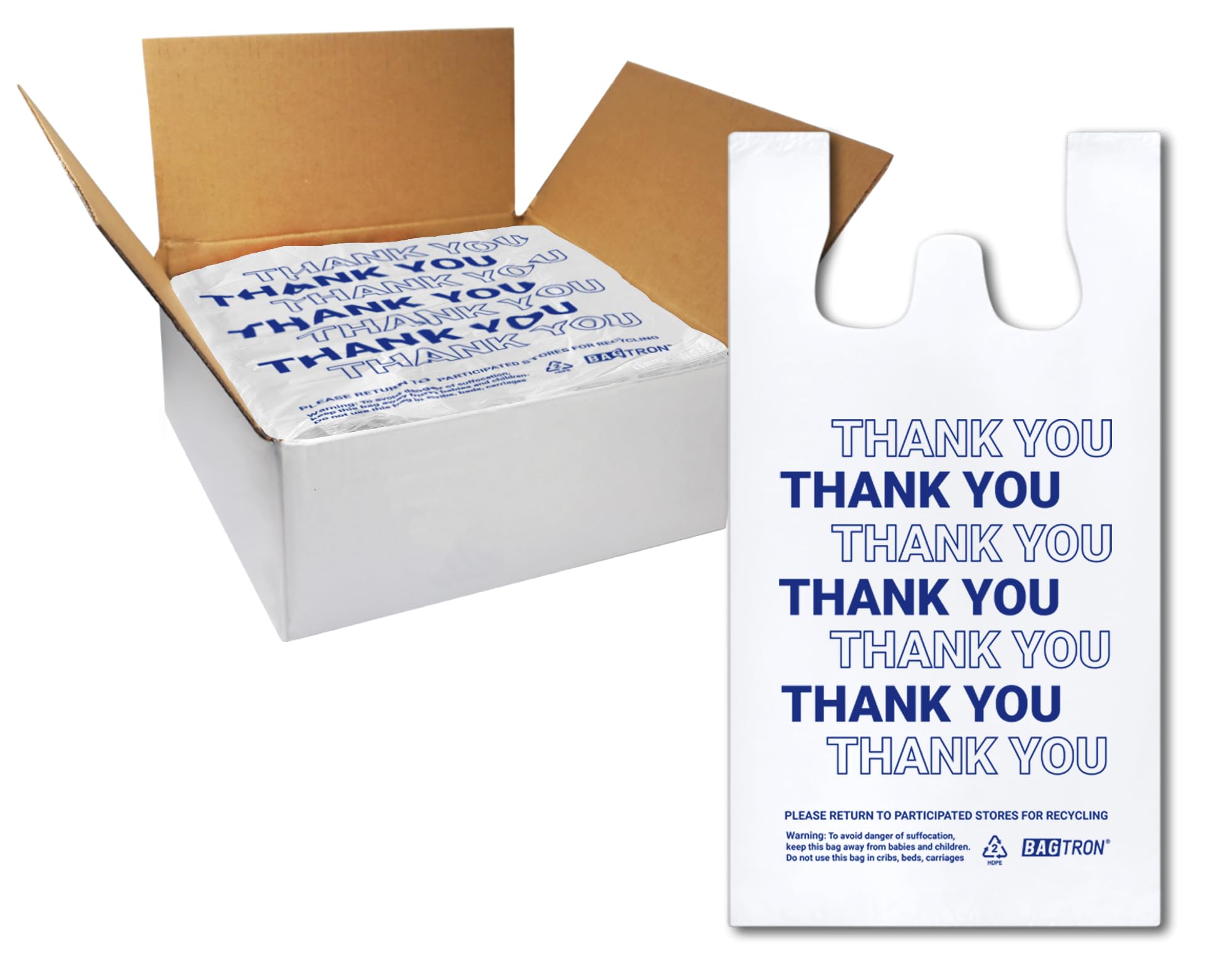 Bagtron Thank You T-Shirt Carry-Out Bags, Disposable Plastic Bags with Handles for Shopping and Restaurant, 1/5 Barrel, 0.75 Mils, White/Blue, 13" x 8