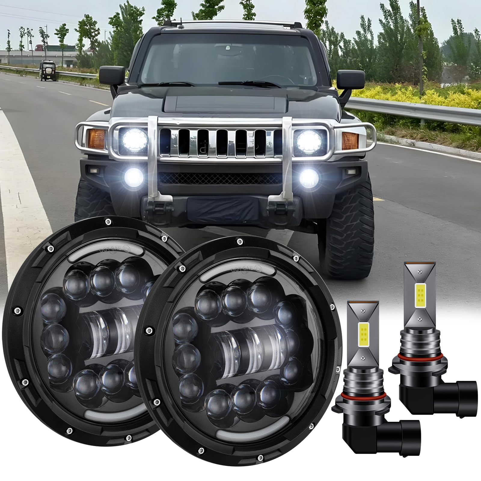 HMCYCI 7-inch LED Headlights + 9140 led Fog Lights Compatible with Hummer H3 H3T (2005-2010), Round Headlamp High Low Beam, DOT Approved,H6024,4-Pack