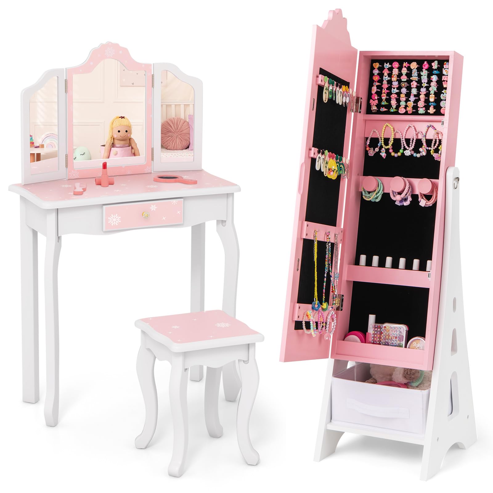 HONEY JOY 2 Piece Kids Vanity Set & Jewelry Armoire Cabinet, Snowflake Wooden Makeup Table & Chair Set, Dress Up Jewelry Organizer w/Full-Length Mirror, Kids Bedroom Furniture for Playroom (Pink)