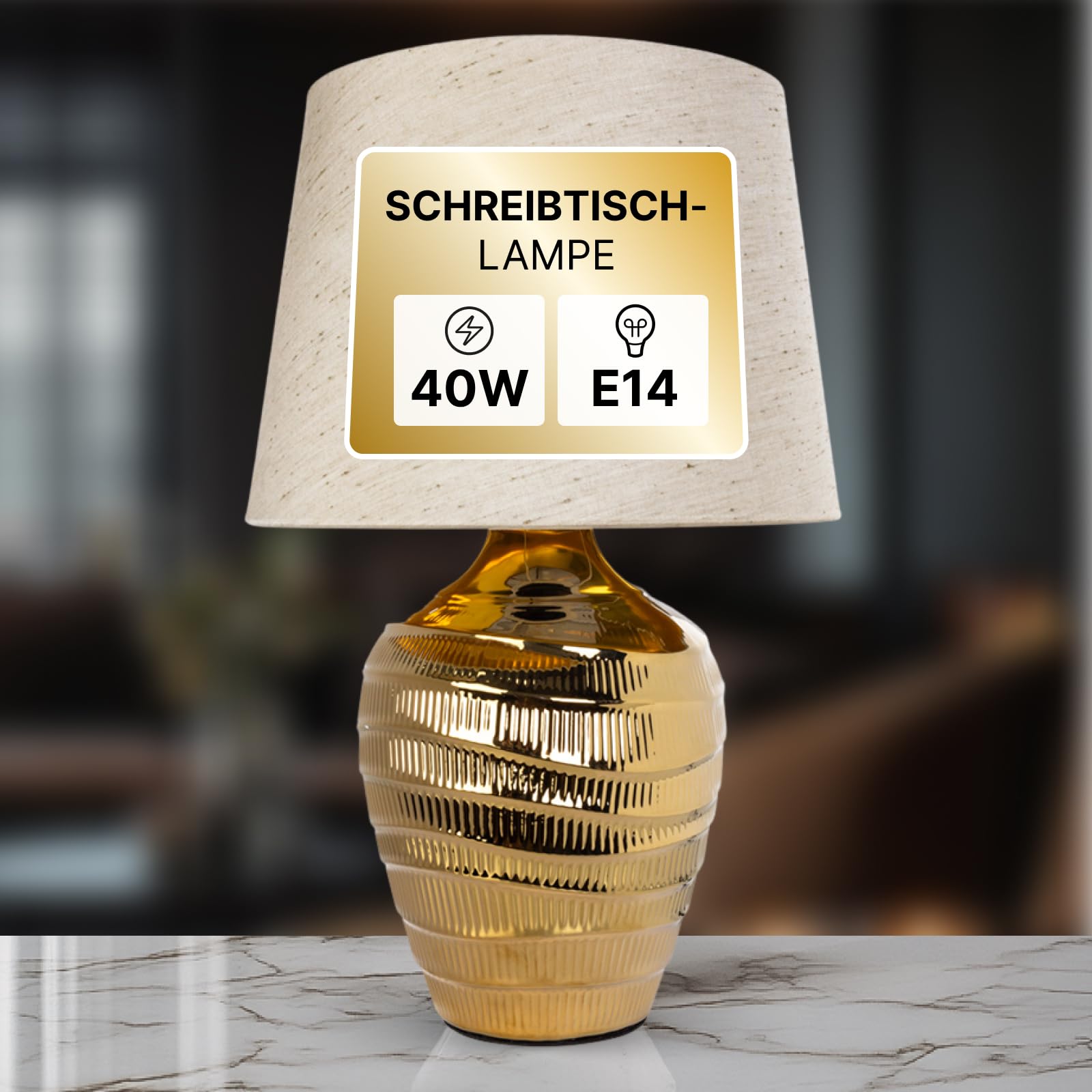 ARTE LAMP KORFU Lampada da Tavolo LED con Paralume e Cavo – Lampada Da Tavolo Dorata Con Paralume In Tessuto Beige – Lampada da Scrivania Moderna per Soggiorno e Camera da Letto