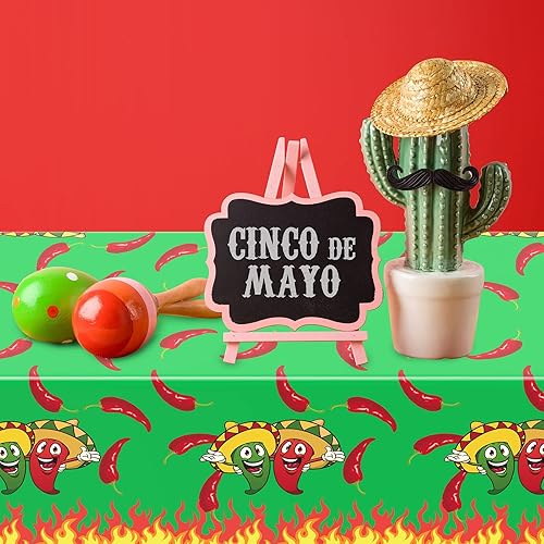 Miniatura 4 de Remerry Mantel de plástico con chile del Cinco de Mayo, desechable, color rojo y verde, suministros de decoración para mesa rectangular, fiesta de