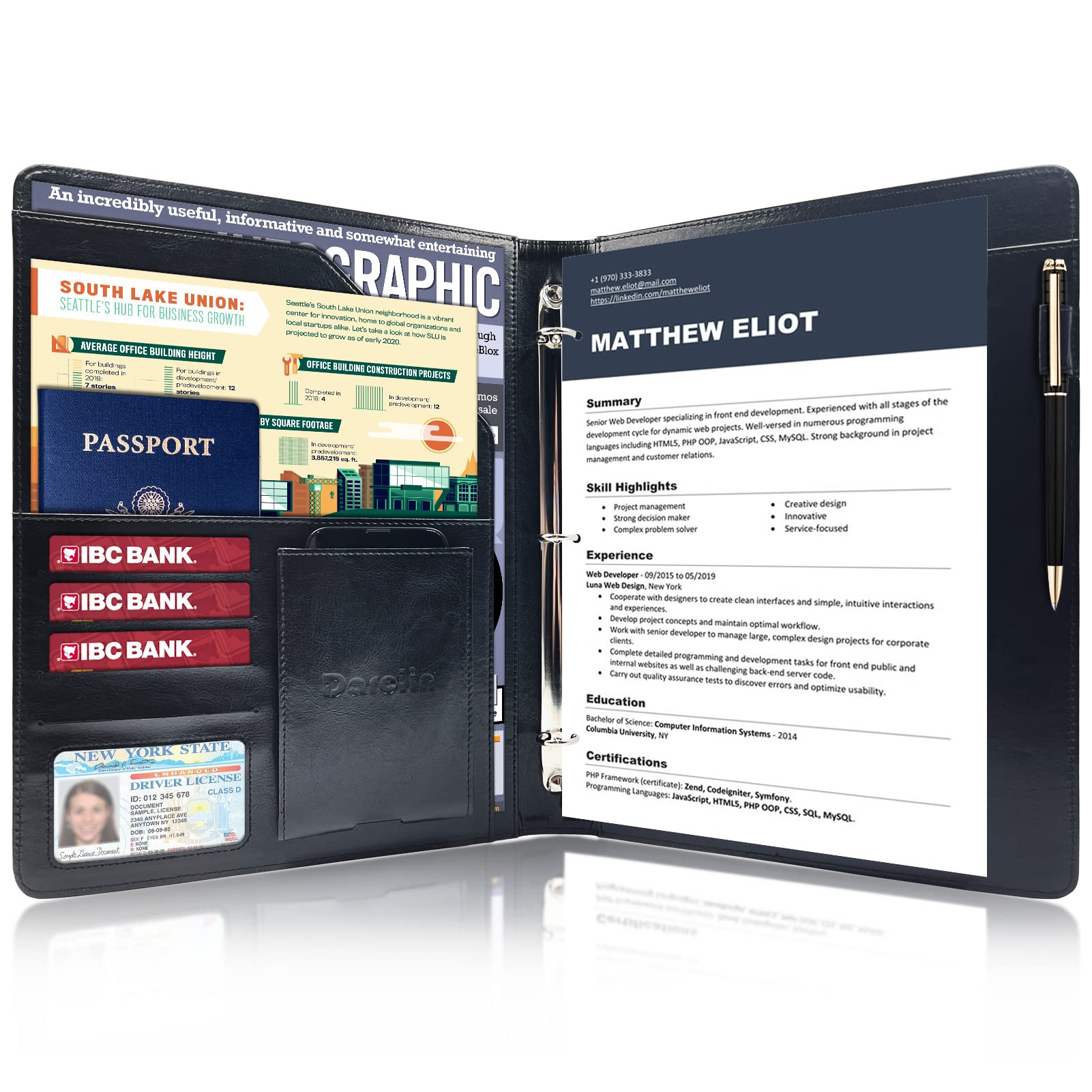 Darolin Business/Resume Portfolio Folder Binder, Padfolio with 3 Ring Binder, Interview/Conference/Legal Document Portfolio Organizer, Leather Portfolio Padfolio for Women/Men-BK