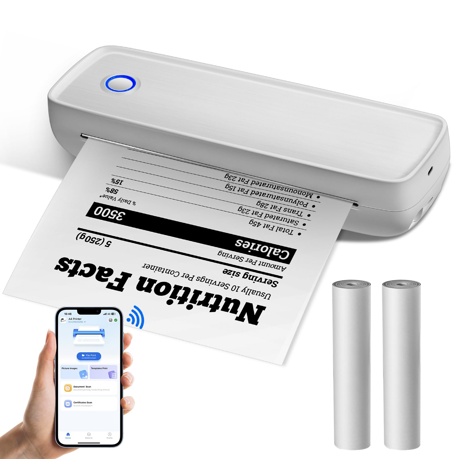Portable Thermal Printer, L80 Wireless Bluetooth Mobile Printer Compatible with Smartphone & PC, Inkless Printer Support A4 Size for Office or Home use