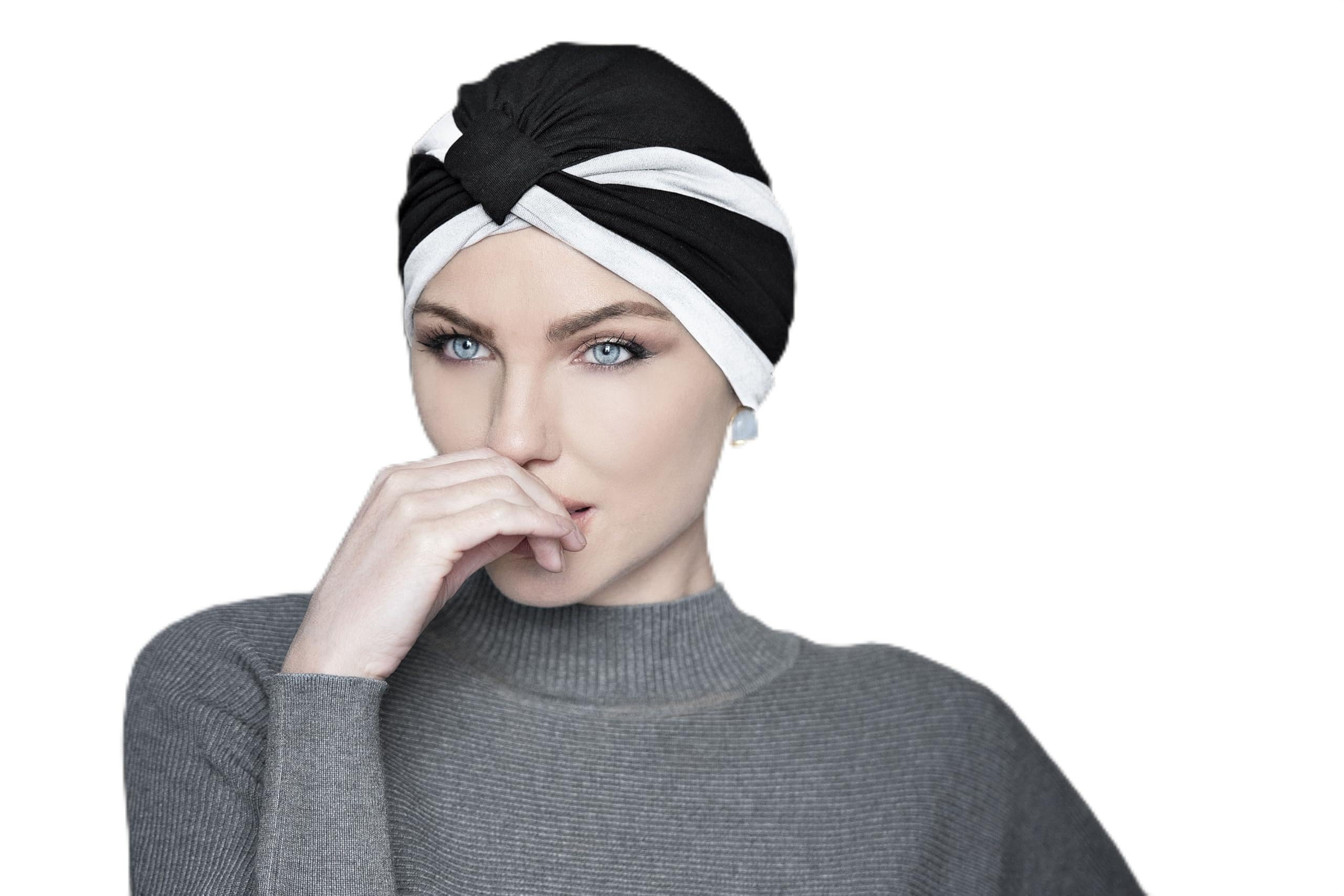 MASUMI Women Cotton Cap for Hairloss, Chemo Headwear for Women, Cancer Headwear for Ladies with Alopecia Hairloss Chemotherapy Turban Hat Amelia (Black and White)