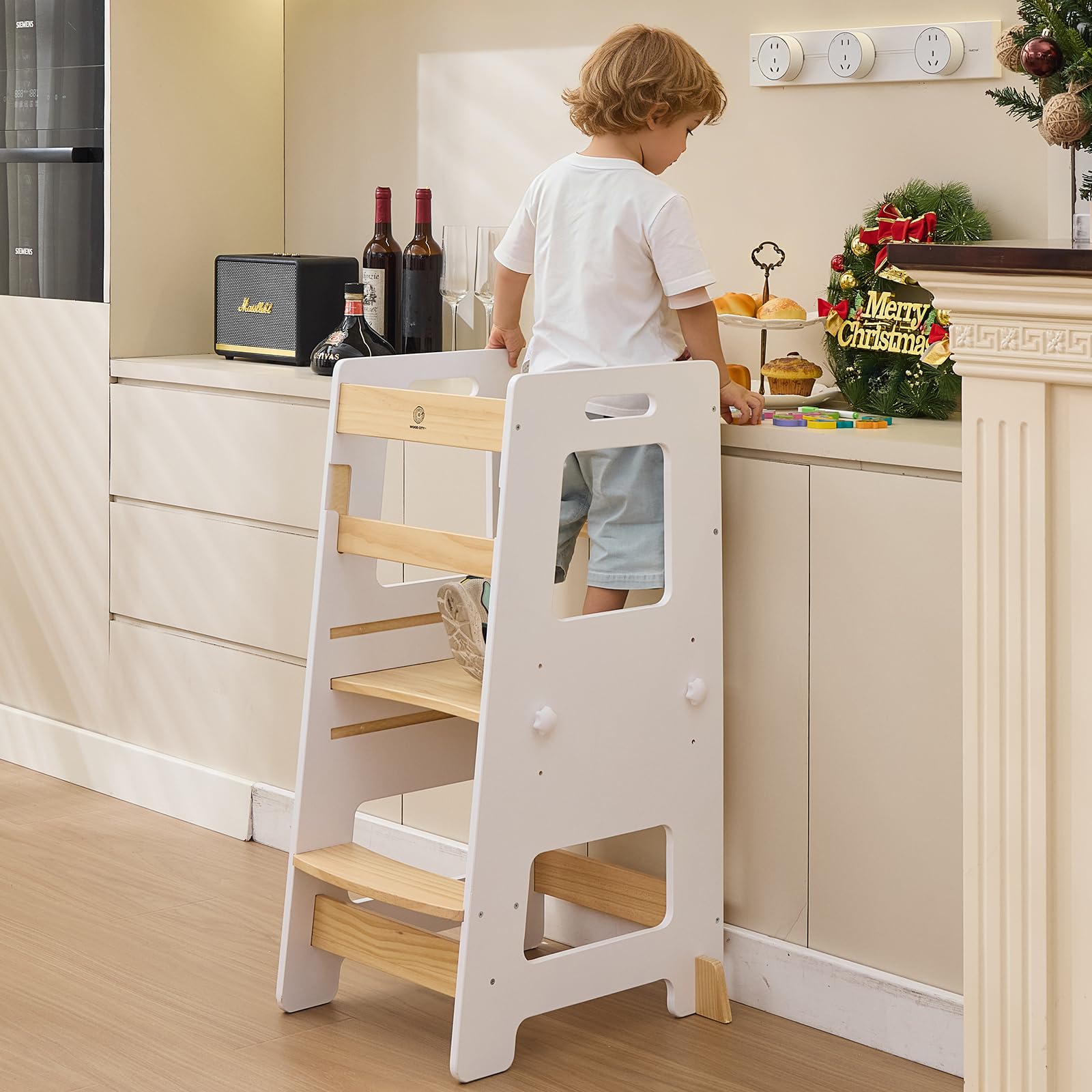 WOOD CITY Kitchen Step Stool - Safe Montessori Standing Tower for Kids with Safety Rail, Height Adjustable Toddler Ideal Helper for Learning New Skills, Anti-Slip Protection for Bathroom - White