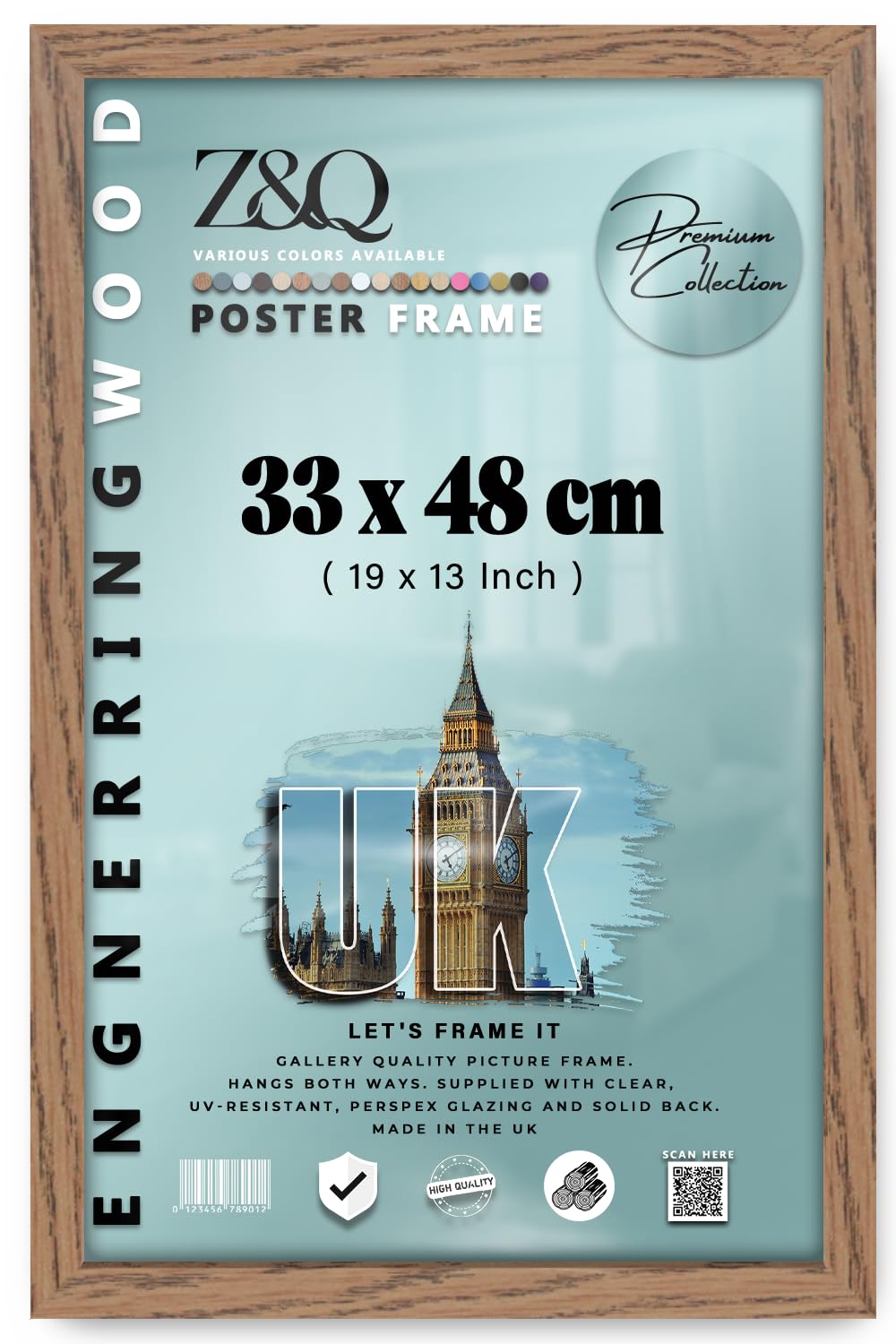 Z&Q - Rectangle Classic Black MDF Wood Finish (33 x 48 CM) Frame for Posters | Eton Wood 19 x 13 Inch For Art Gallery, Home Décor [ Dark Oak ]