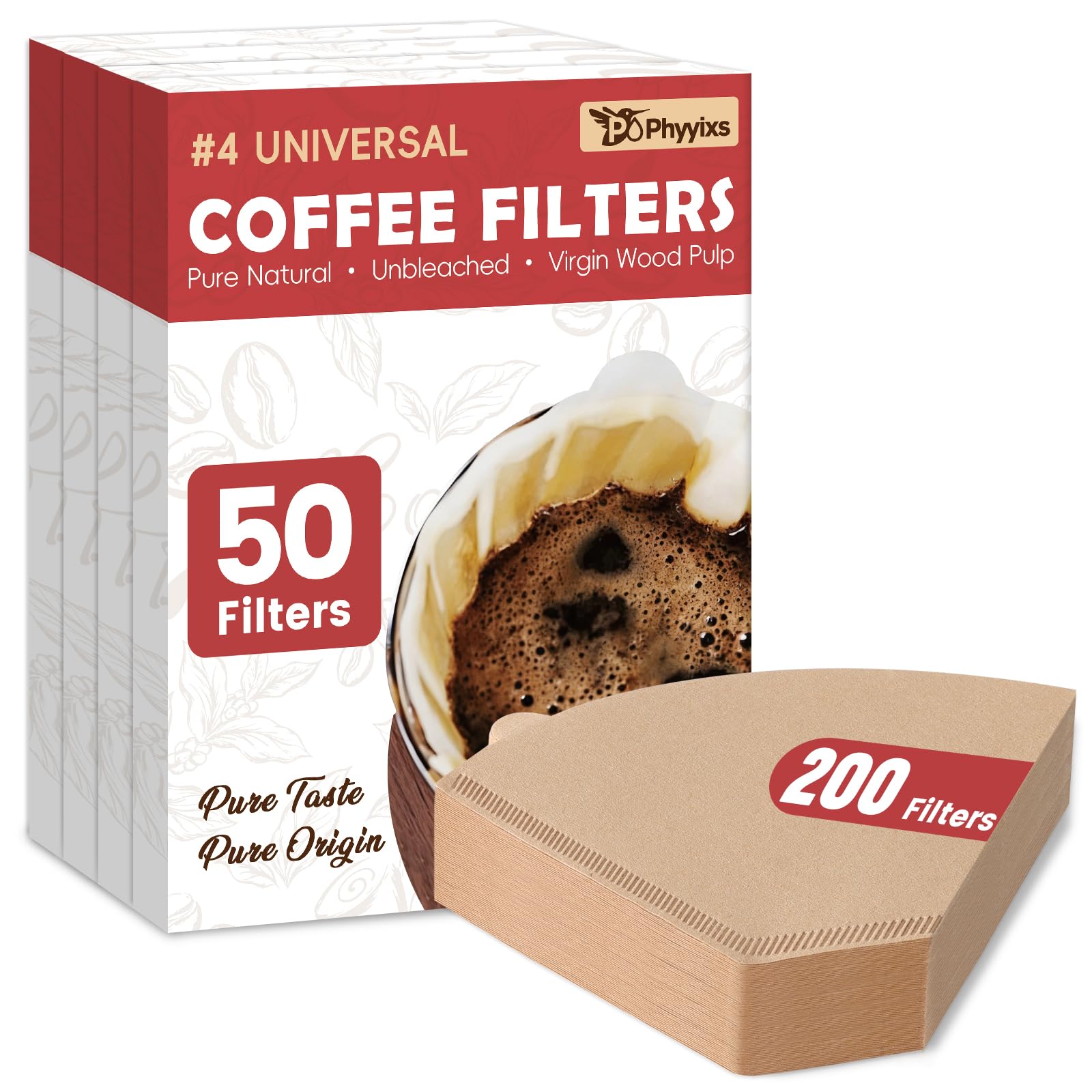 200 Stück #4 Kegel-Kaffeefilter, Einwegfilter, ungebleichte natürliche Papierfilter für 8–12 Tassen, Drip & Pour Over Kaffeemaschinen, kompatibel mit Ninja & Cuisinart Kaffeemaschinen