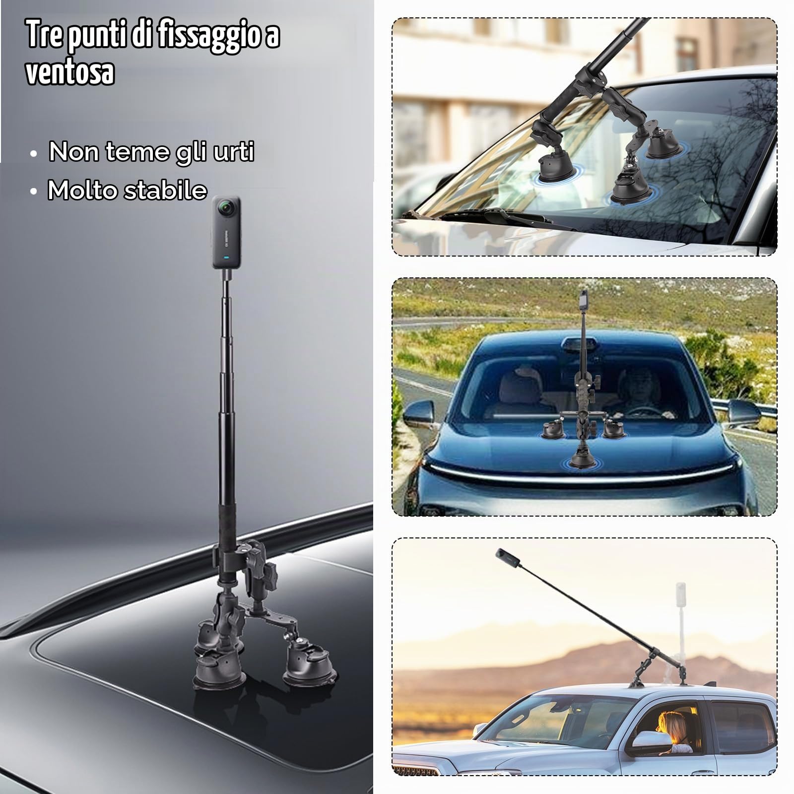 Set Di Supporto Per Auto Con Tripla Ventosa, Supporto Per Auto Con Tripla Ventosa E Morsetto Per Insta360 Gopro Akaso Action Camera Supporto Per Selfie Stick Retrattile Da 28-112 Cm Con Braccio Magico