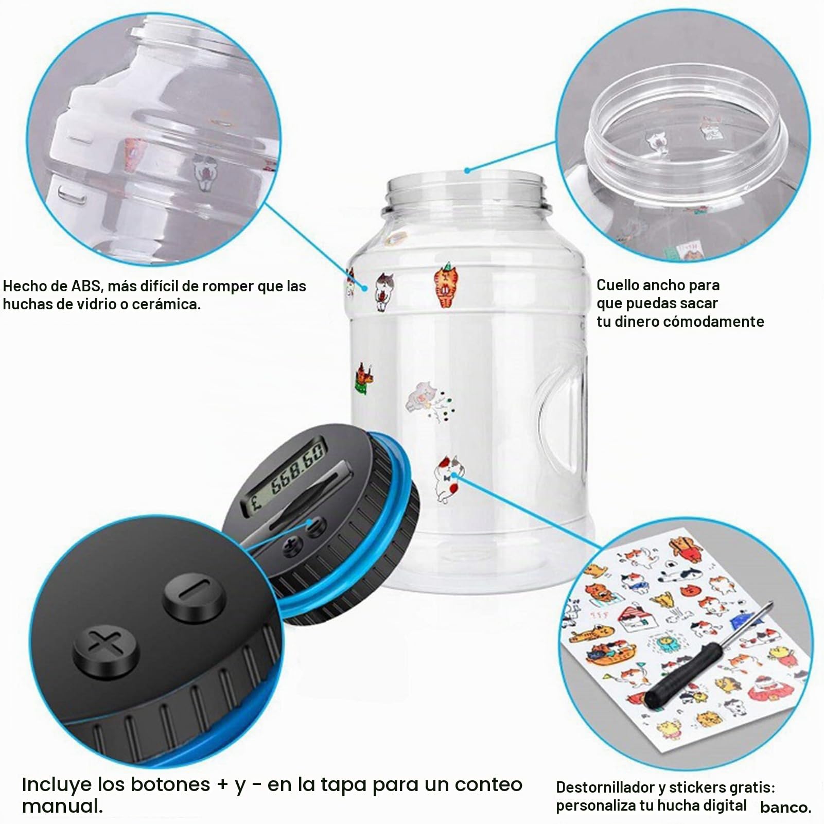 Hucha Digital con Contador, 1,8 L Banco de Monedas, Hucha Electrónica de para Euros, Bote Automática para Contar Monedas y Ahorrar Dinero con Cerradura, Caja de Moneda con Pantalla LCD de Alcancía