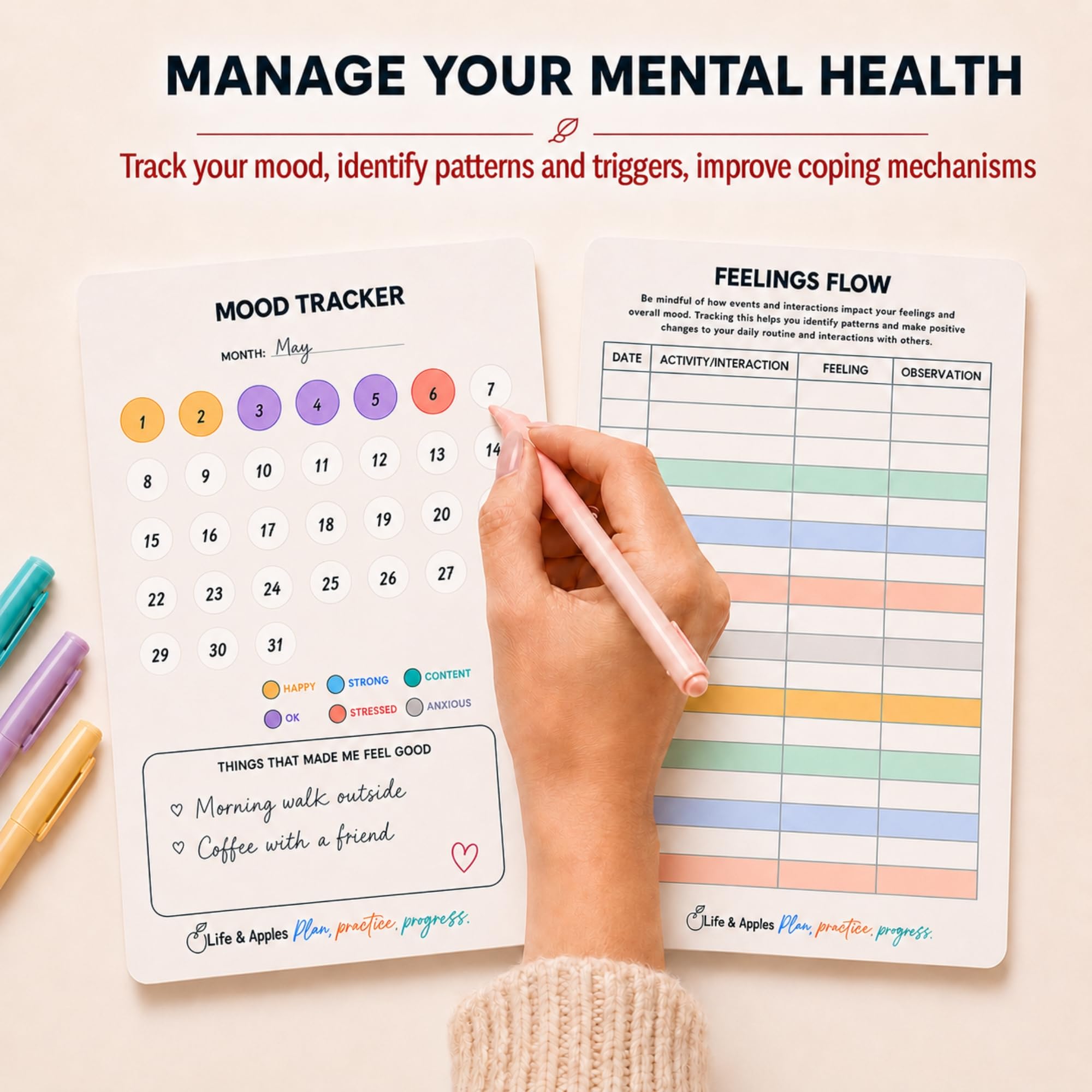 Life & Apples Diario de salud mental para mujeres y hombres, diario de ansiedad guiado con indicaciones, rastreador de estado de ánimo, diario de terapia CBT para cuidado personal y alivio del estrés