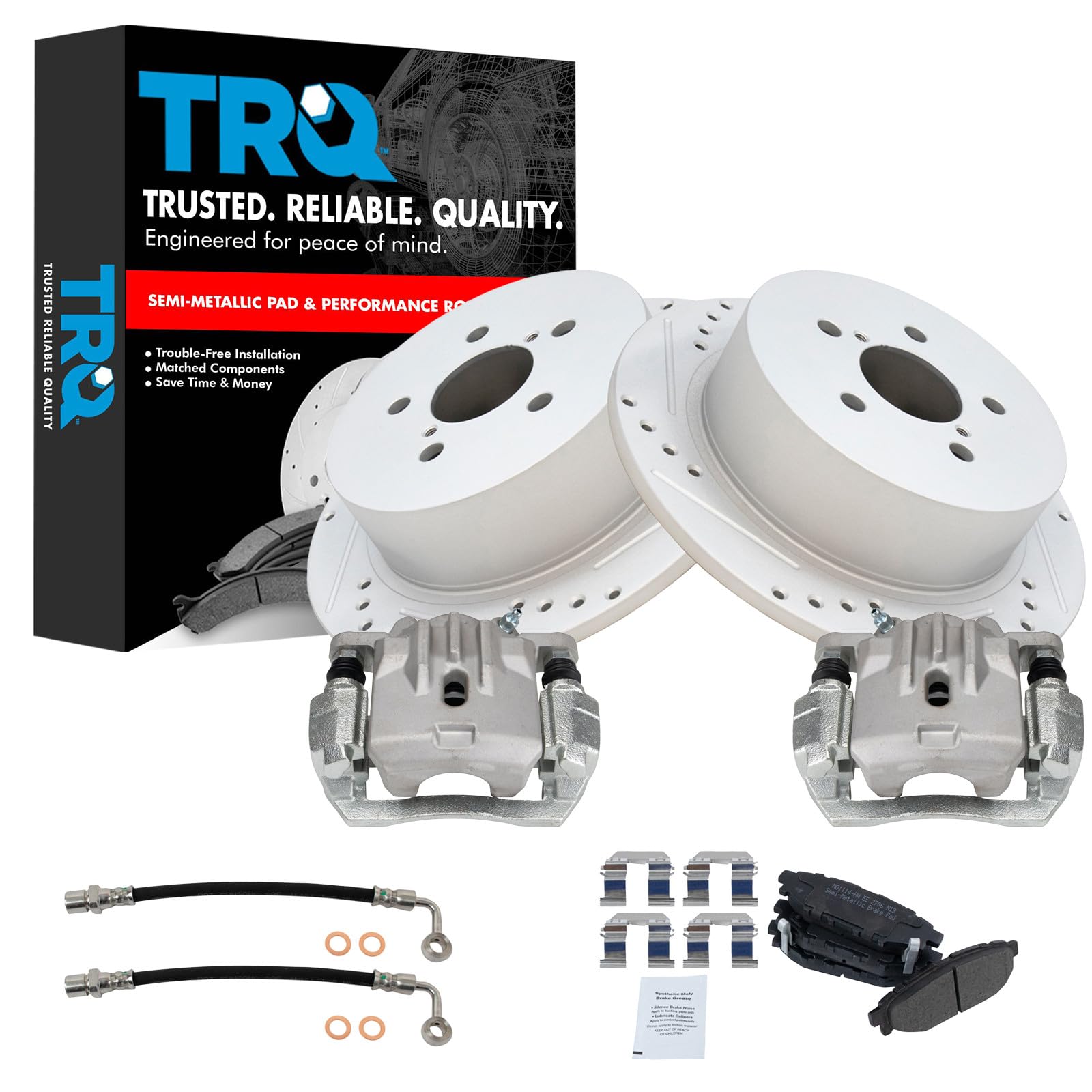 TRQ Performance Rear Brake Pad &amp; Rotor Set Semi Metallic Slotted Drilled Coated Rotors Calipers Compatible with 2006 2009 Subaru Legacy