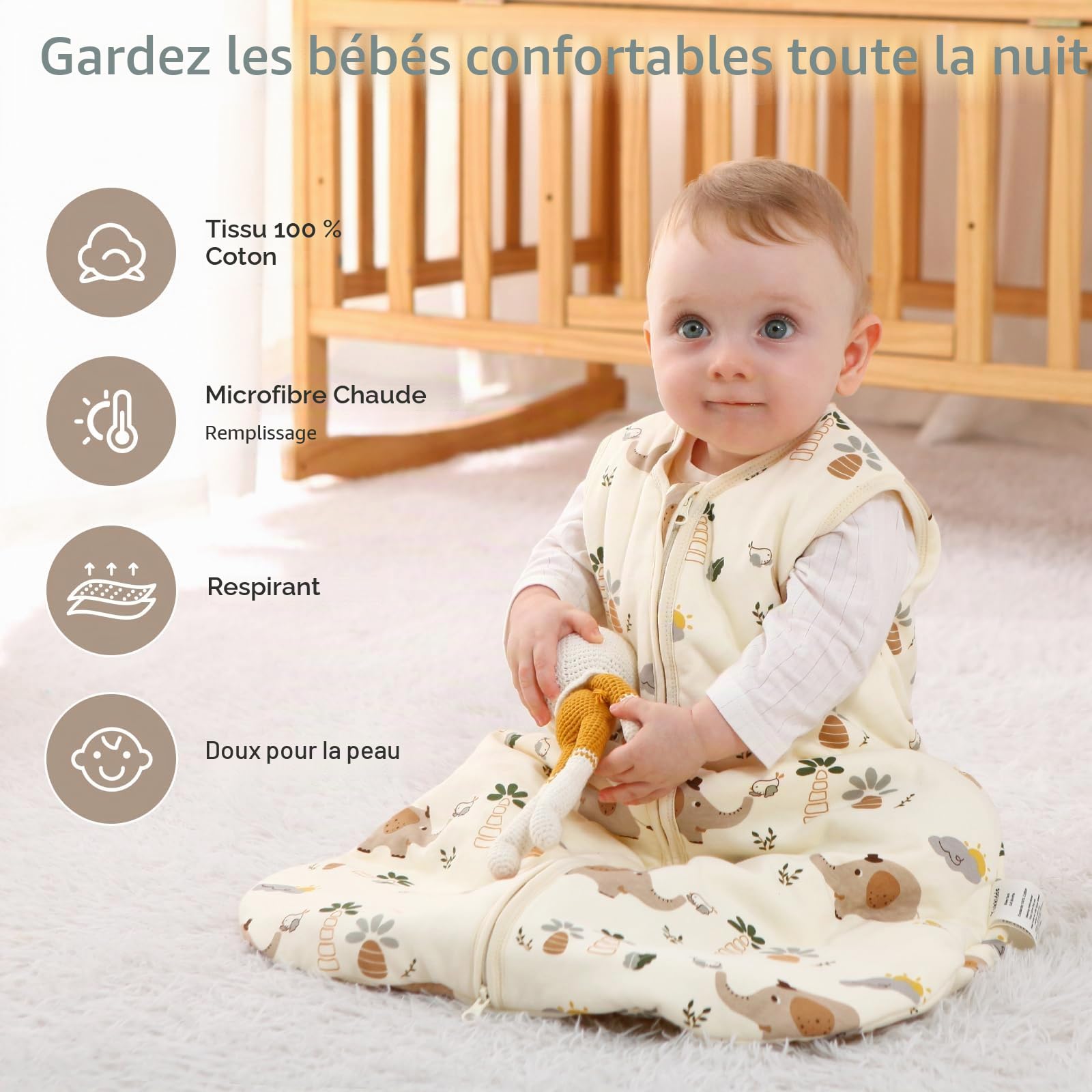 Gigoteuse Bébé Hiver 1.5 TOG en Coton Doux, Turbulette Chaude avec Fermeture Éclair, Lot de 2, pour Nouveau-né Garçons Filles 0–6 Mois Éléphant Beige